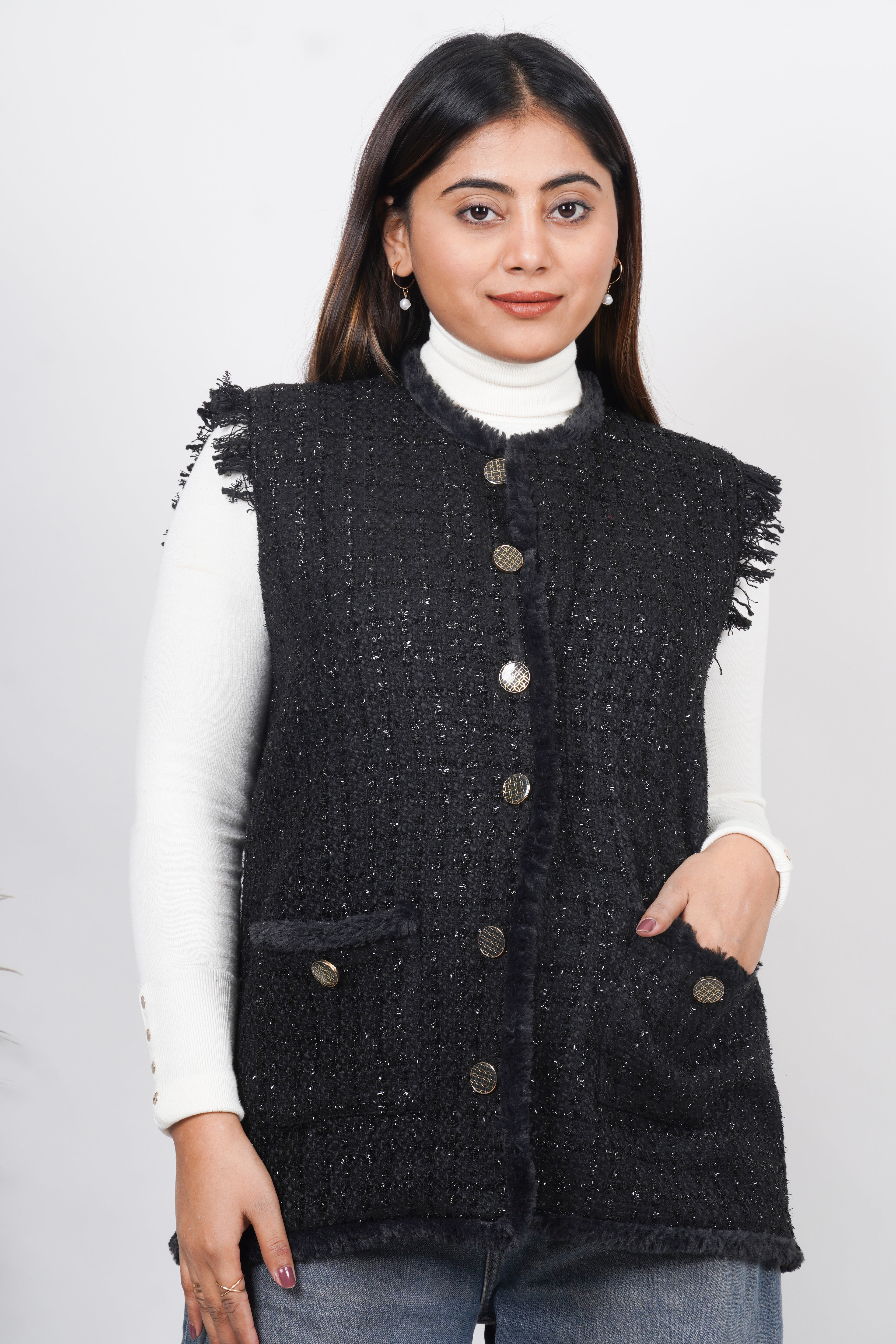 Ariya Threads Black Frost Tweed Fur Jacket – Premium Winter Wear