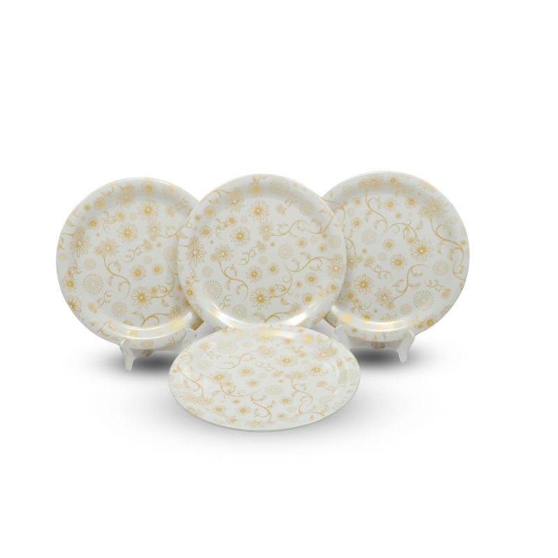 Ariya Melamine 11"Inch Dinner Plate | Flower Design Gold Off-White | Pack of 4