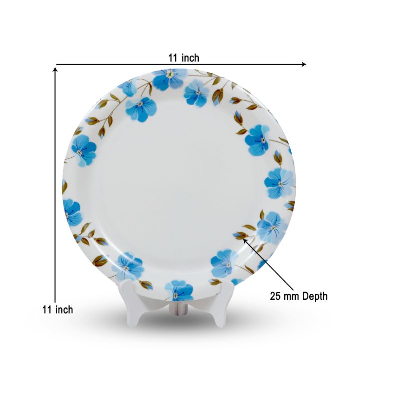 Ariya Melamine 11"Inch Dinner Plate | White Blue Flower Border | Pack of 4