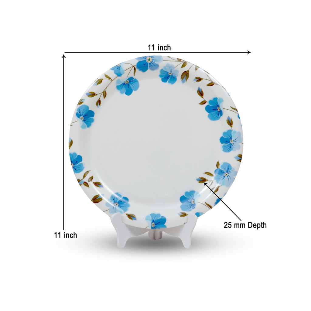 Ariya Melamine 11"Inch Dinner Plate | White Blue Flower Border | Pack of 6