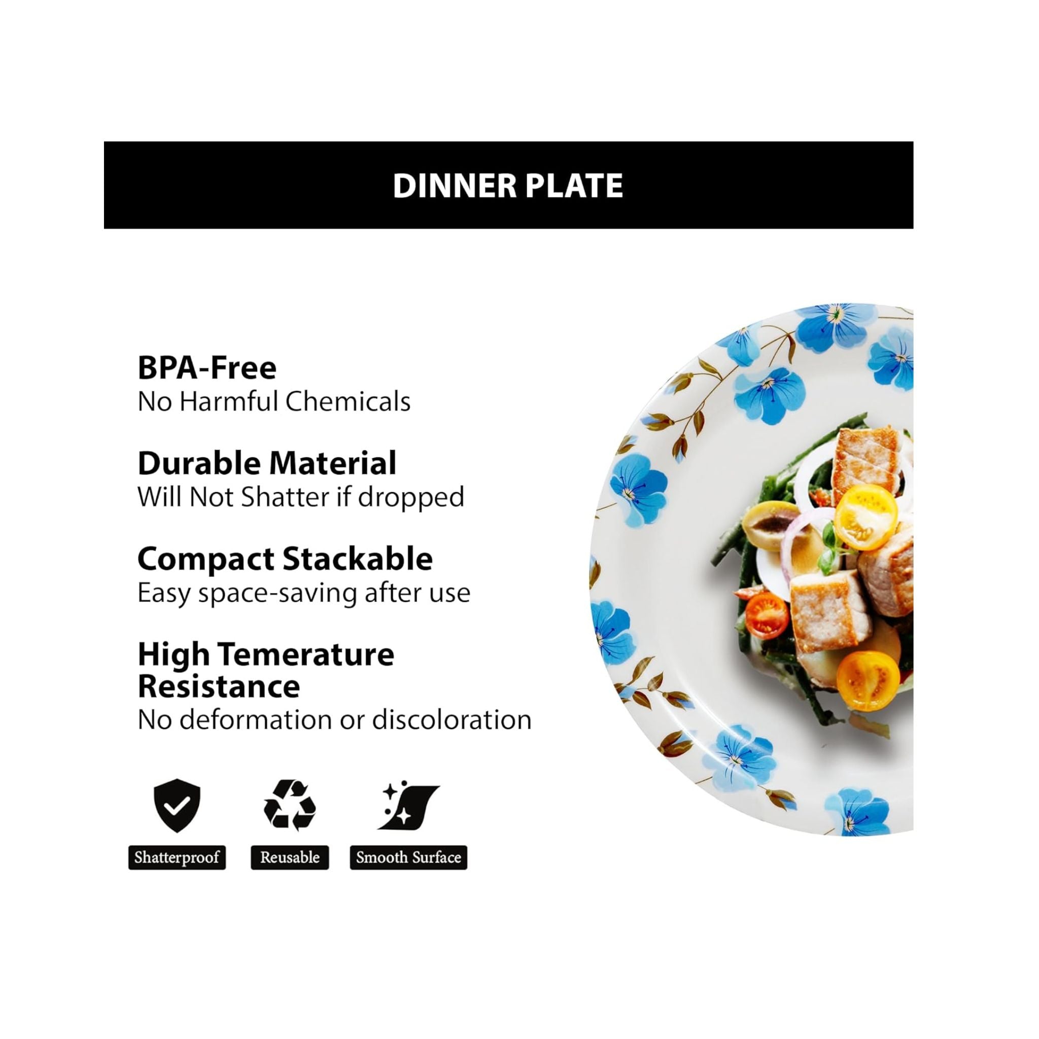 Ariya Melamine 11"Inch Dinner Plate | White Blue Flower Border | Pack of 6