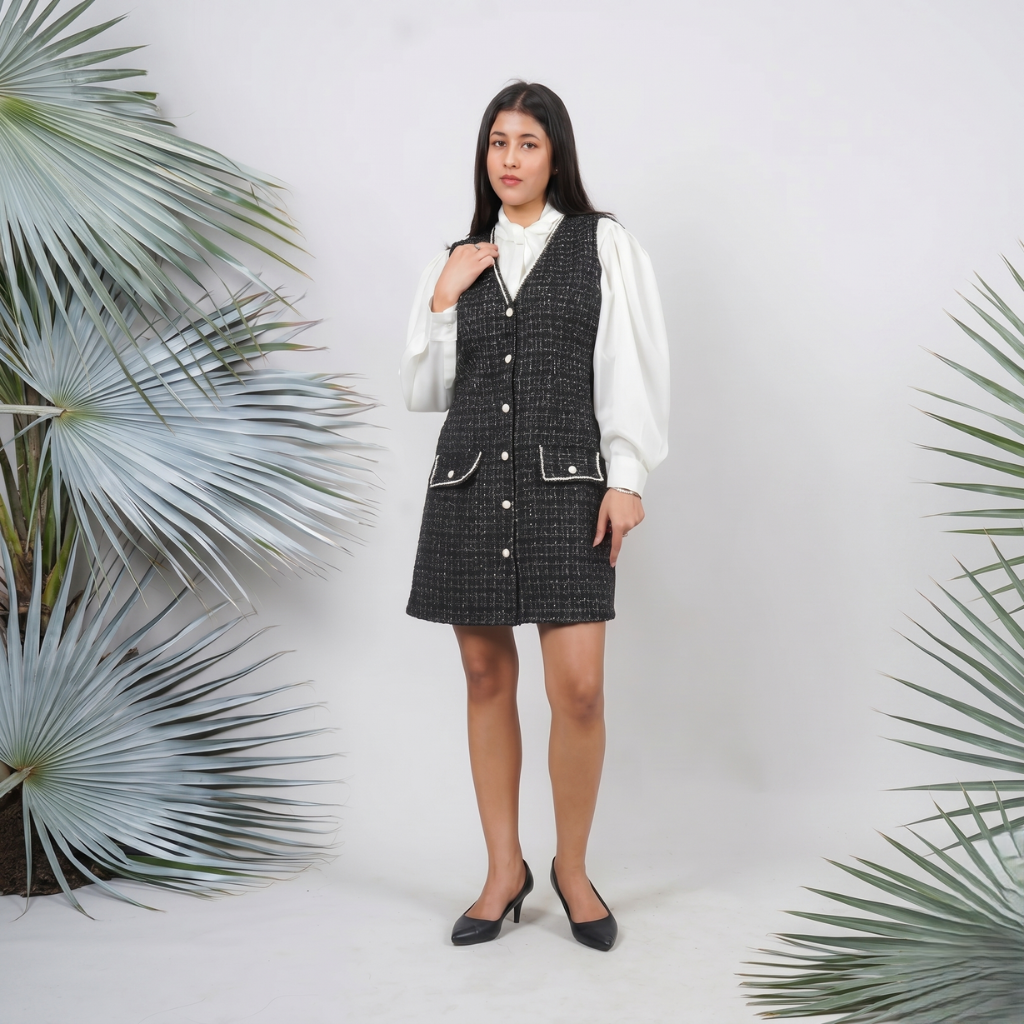 Ariya Threads Black Diamond Tweed Dress with Elegant Modern Detailing