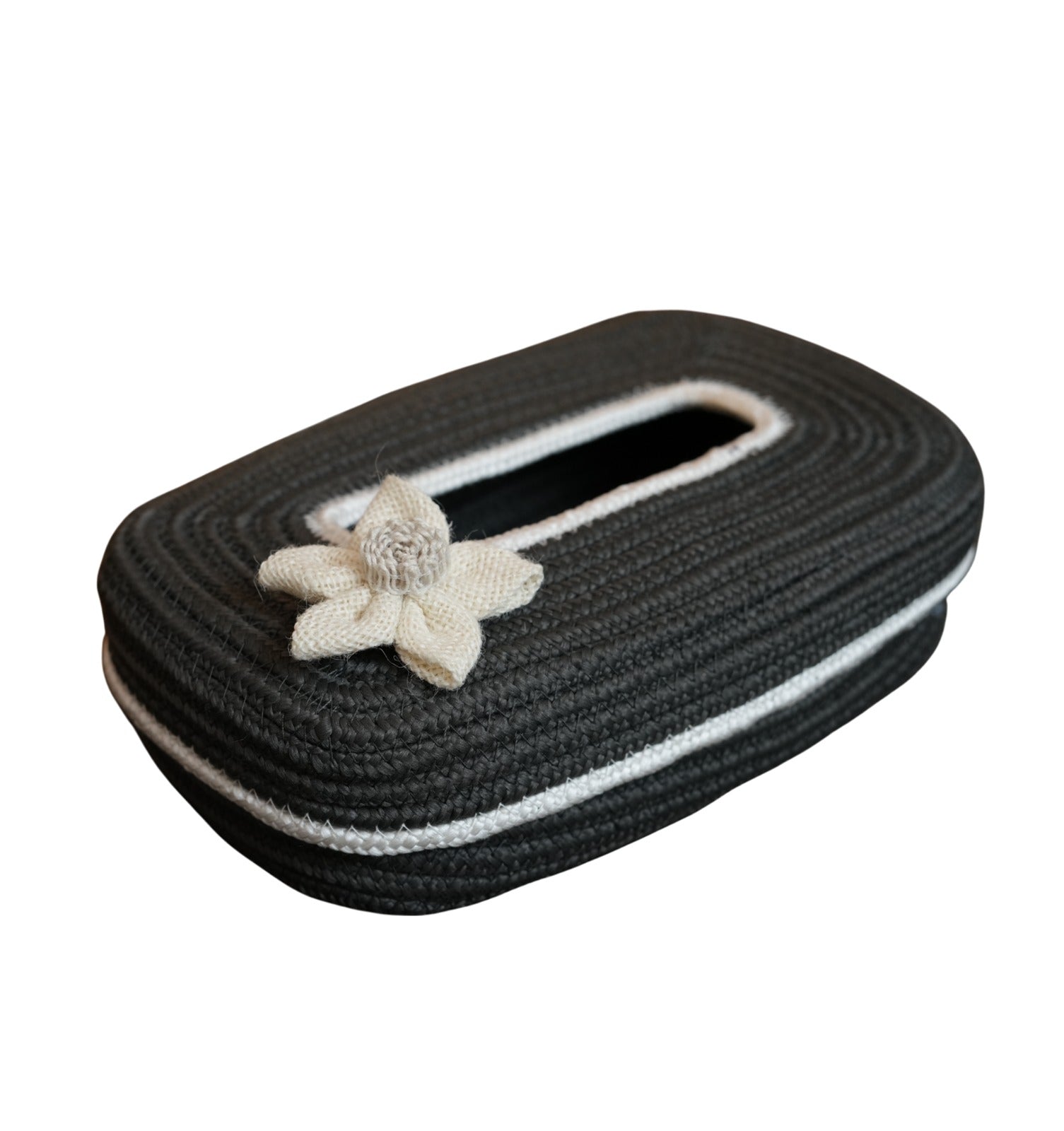 Ariya Dark Grey White Line Tissue Box With White Flower | Elegant Durable Holder