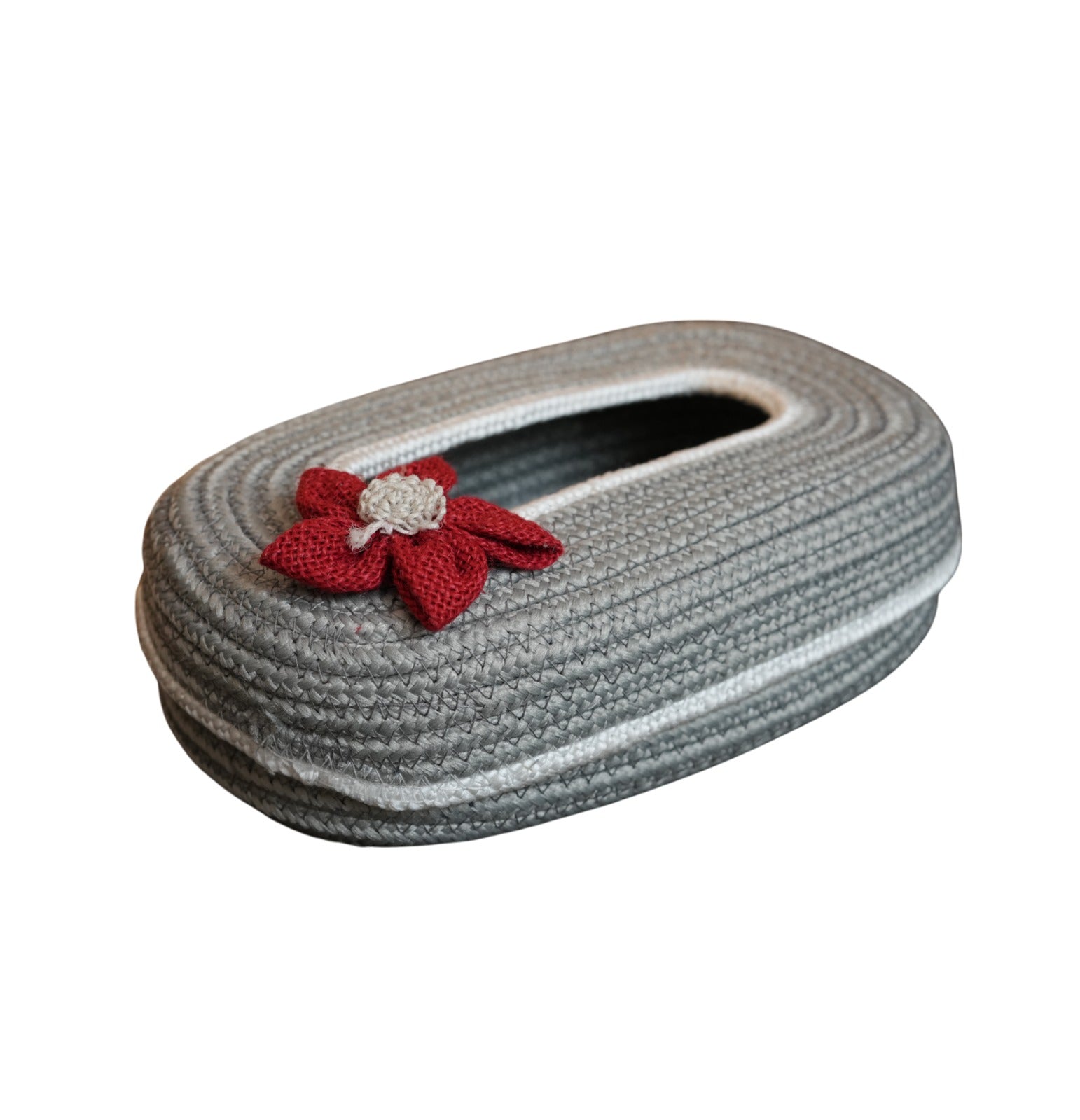 Ariya Light Grey White Line Tissue Box With Red Flower | Elegant Durable Holder