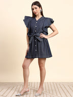 Luna Polka Dot Denim Dress (Navy Blue)