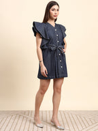Luna Polka Dot Denim Dress (Navy Blue)