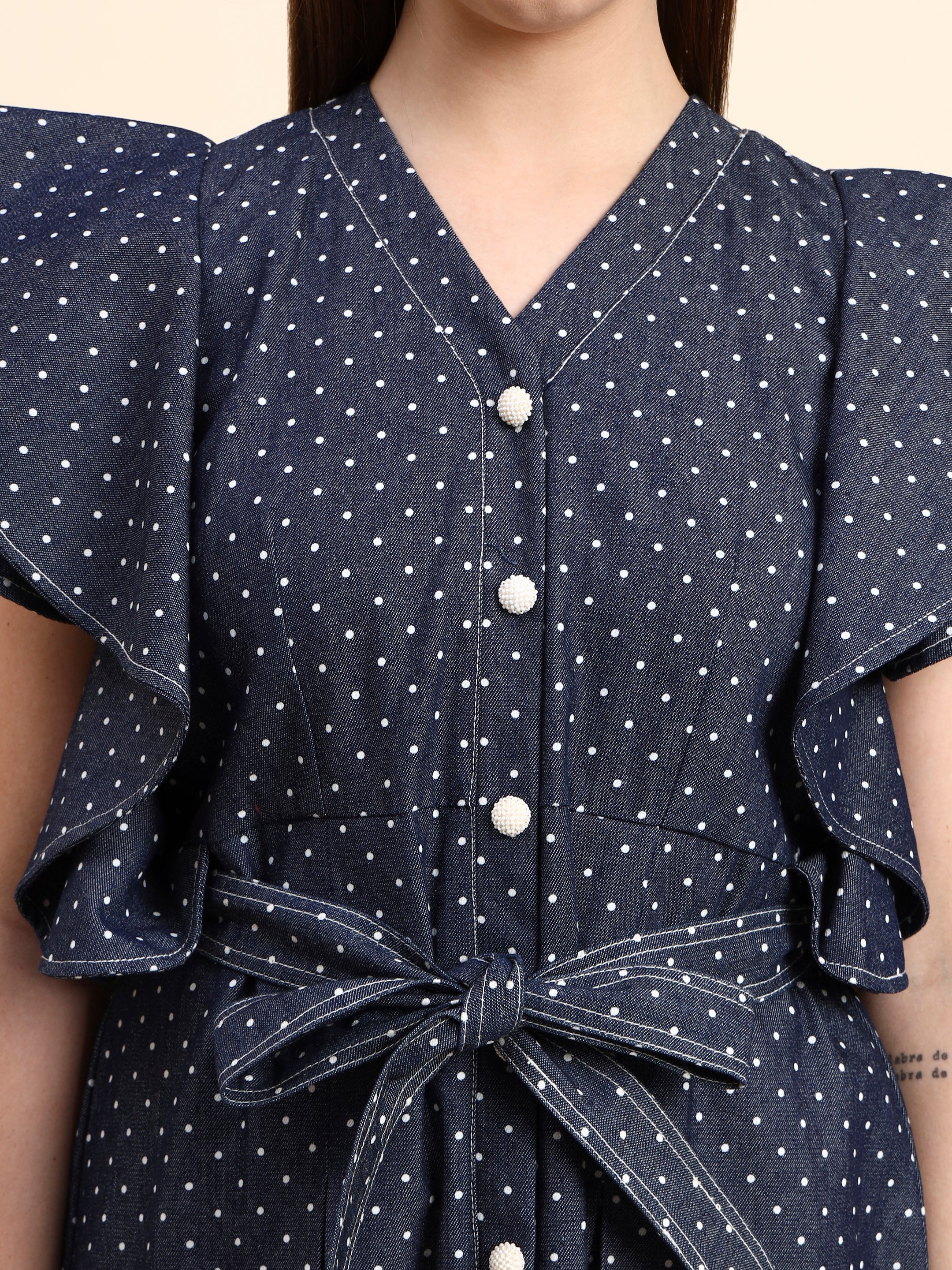 Luna Polka Dot Denim Dress (Navy Blue)