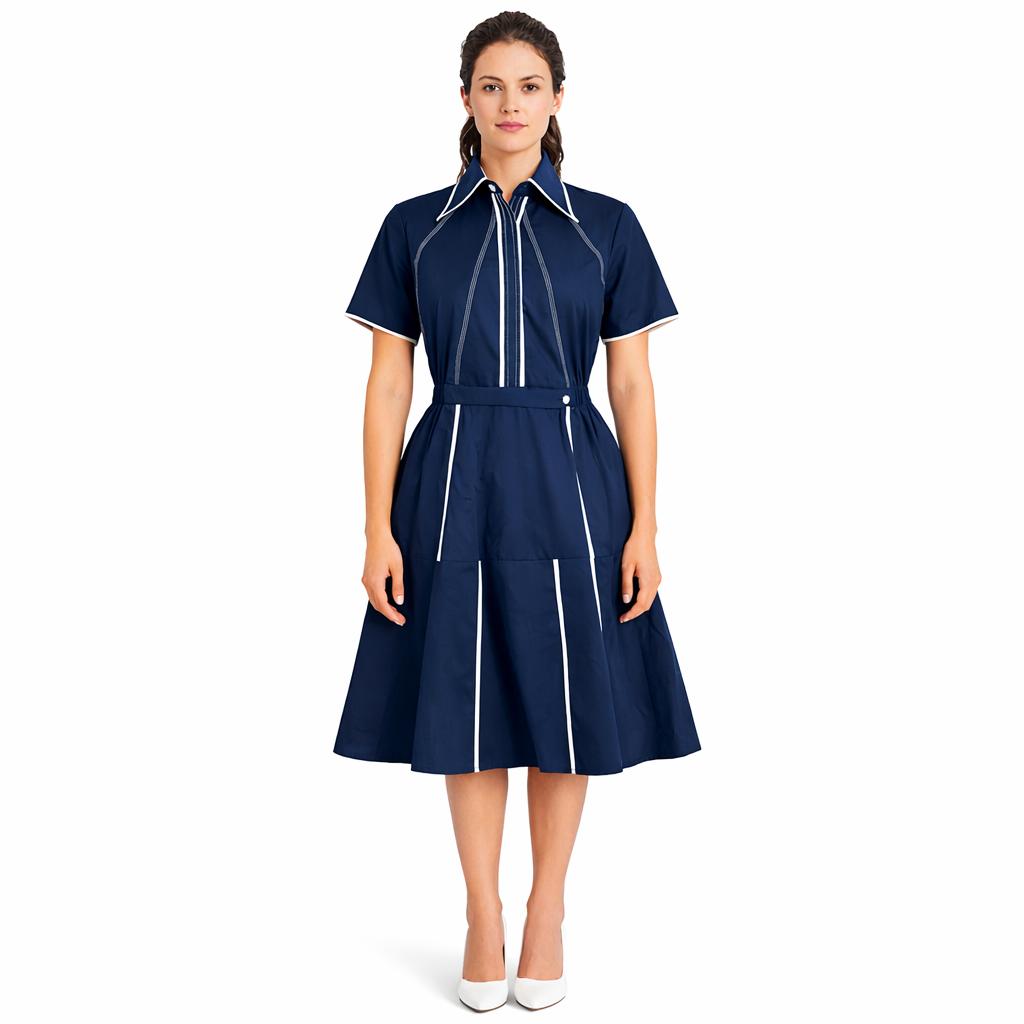 Ariya Threads Navy Blue A-Line Shirt Dress with Contrast Piping