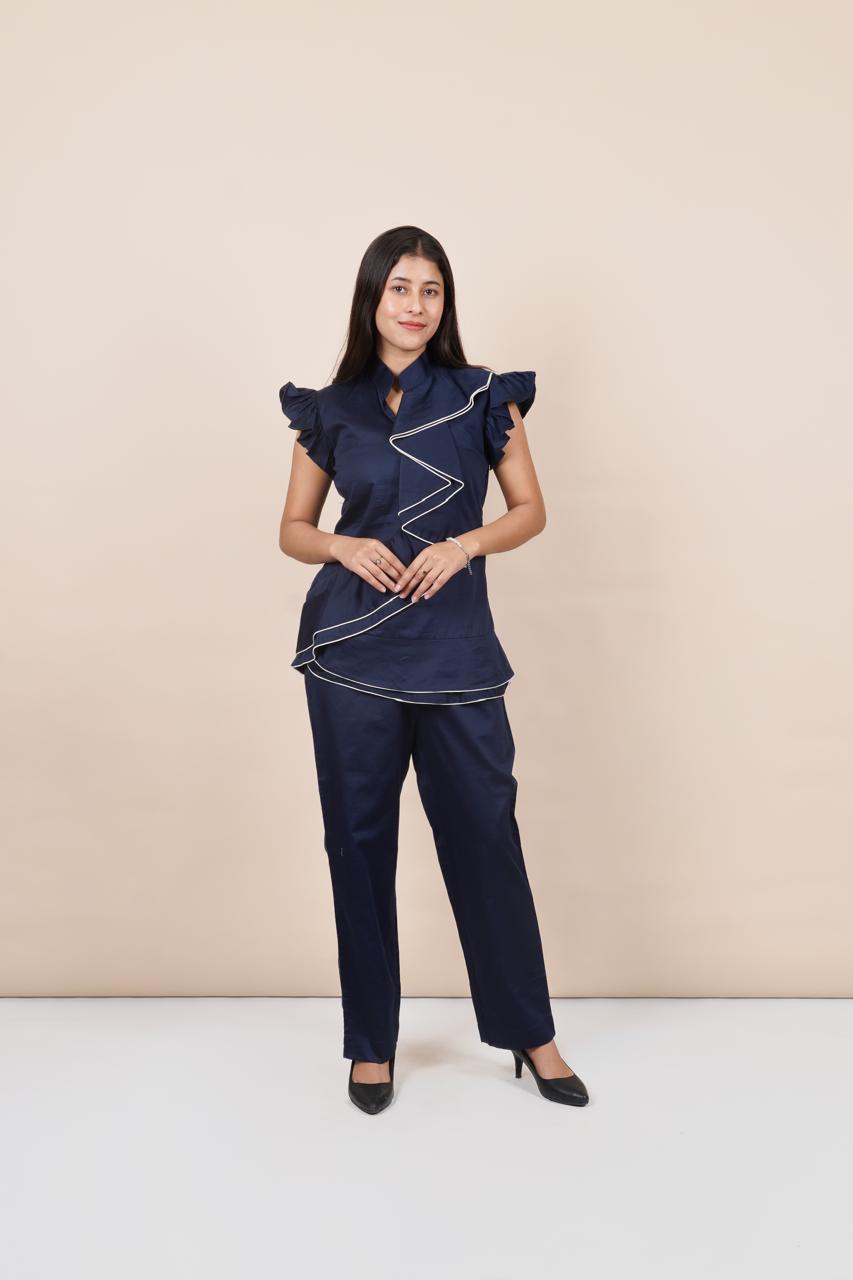 Ariya Threads Women’s Navy Blue Ruffle Sleeve Co-Ord Set with Contrast Piping