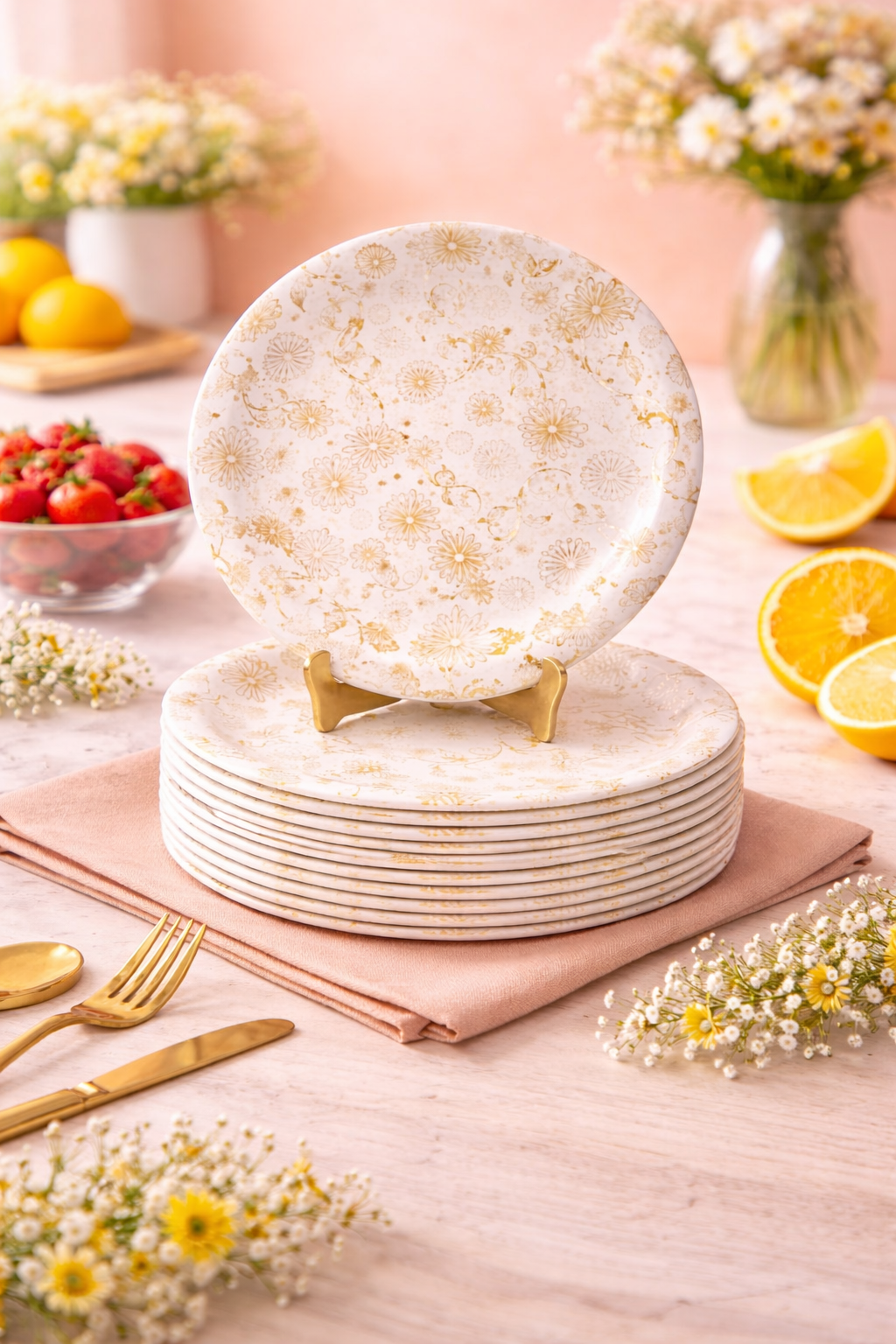 Ariya Melamine Dinner Plates 11 Inch Set of 12 | Classic Gold Flower