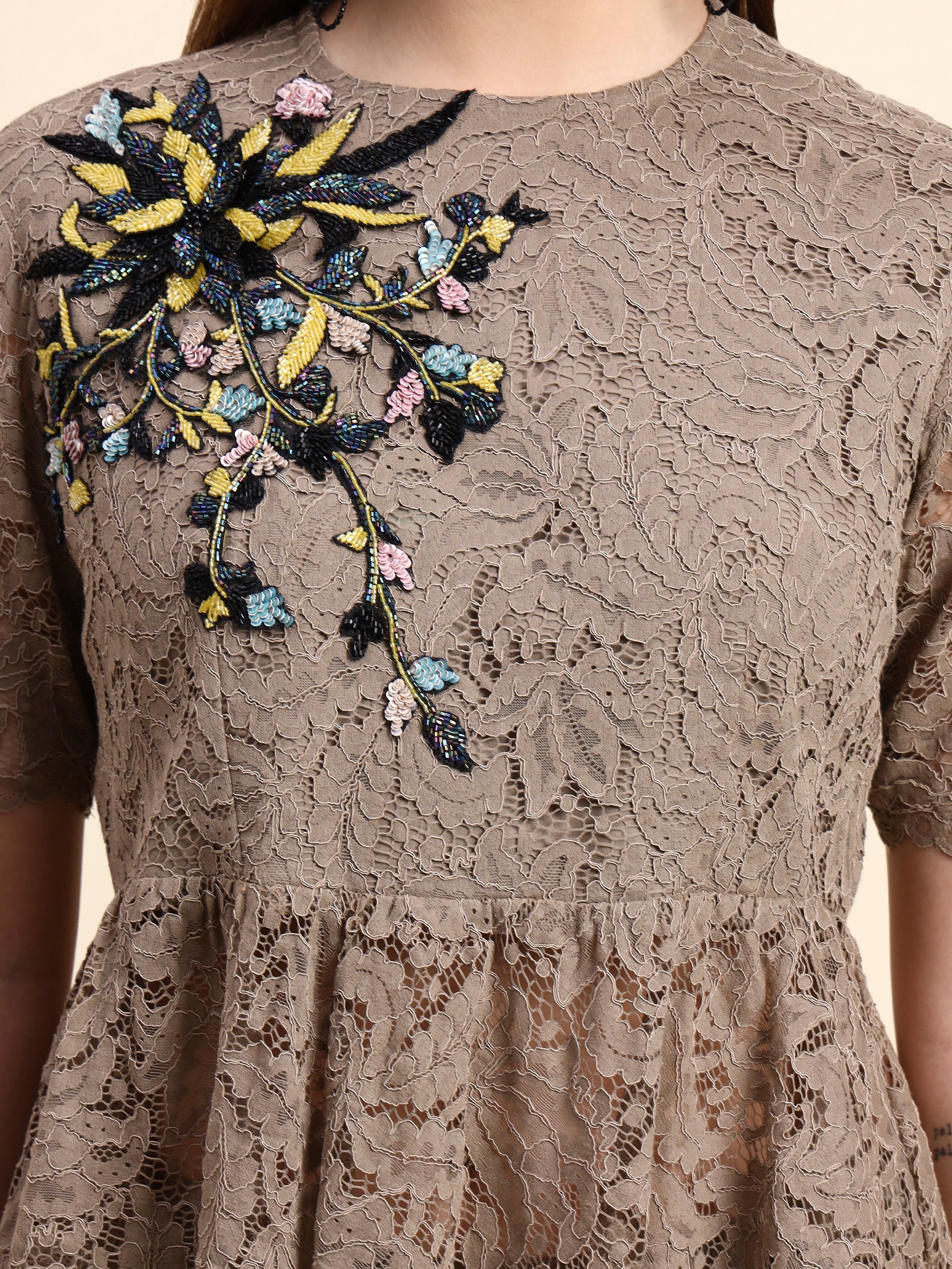 Lace Peplum Co-ord Set (Taupe Beige)