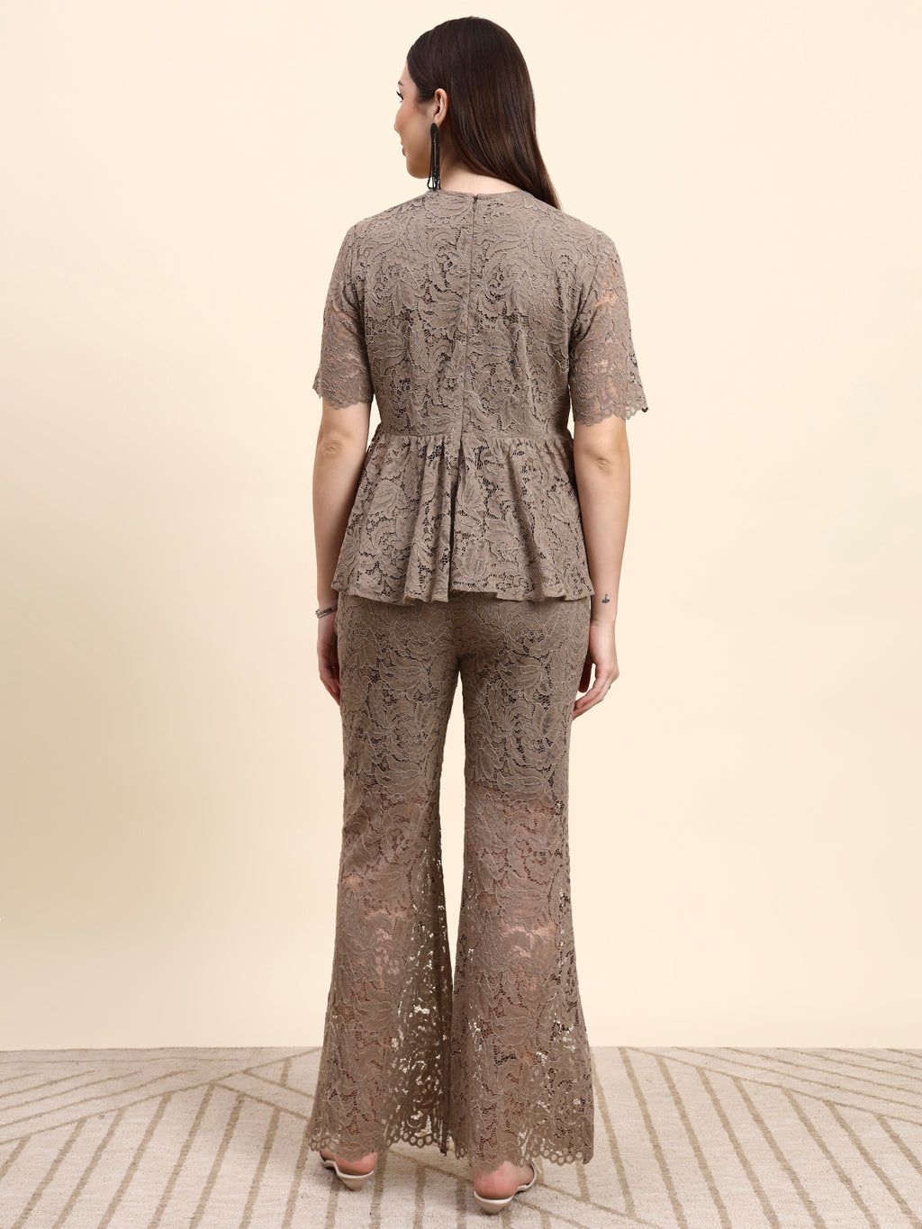Lace Peplum Co-ord Set (Taupe Beige)
