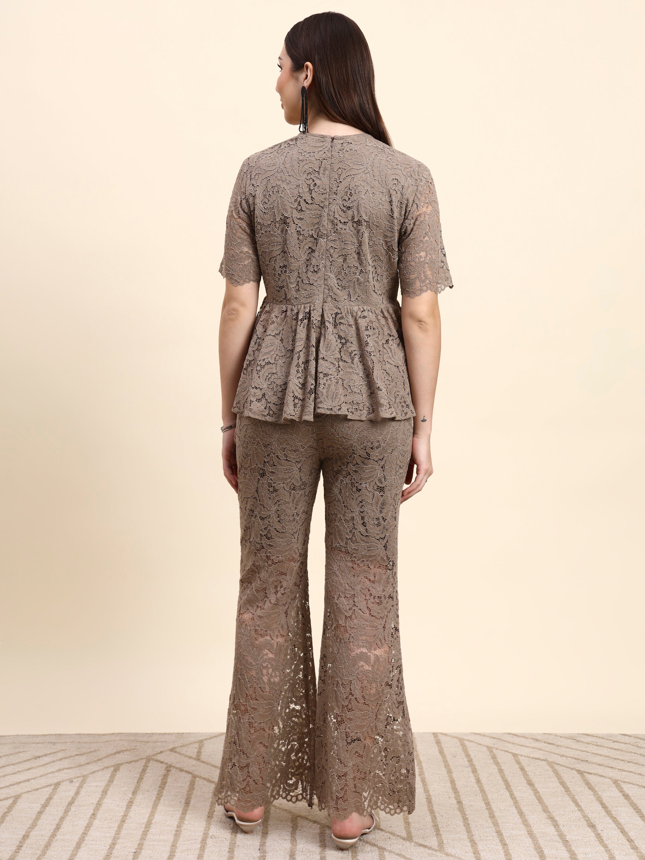 Lace Peplum Co-ord Set (Taupe Beige)
