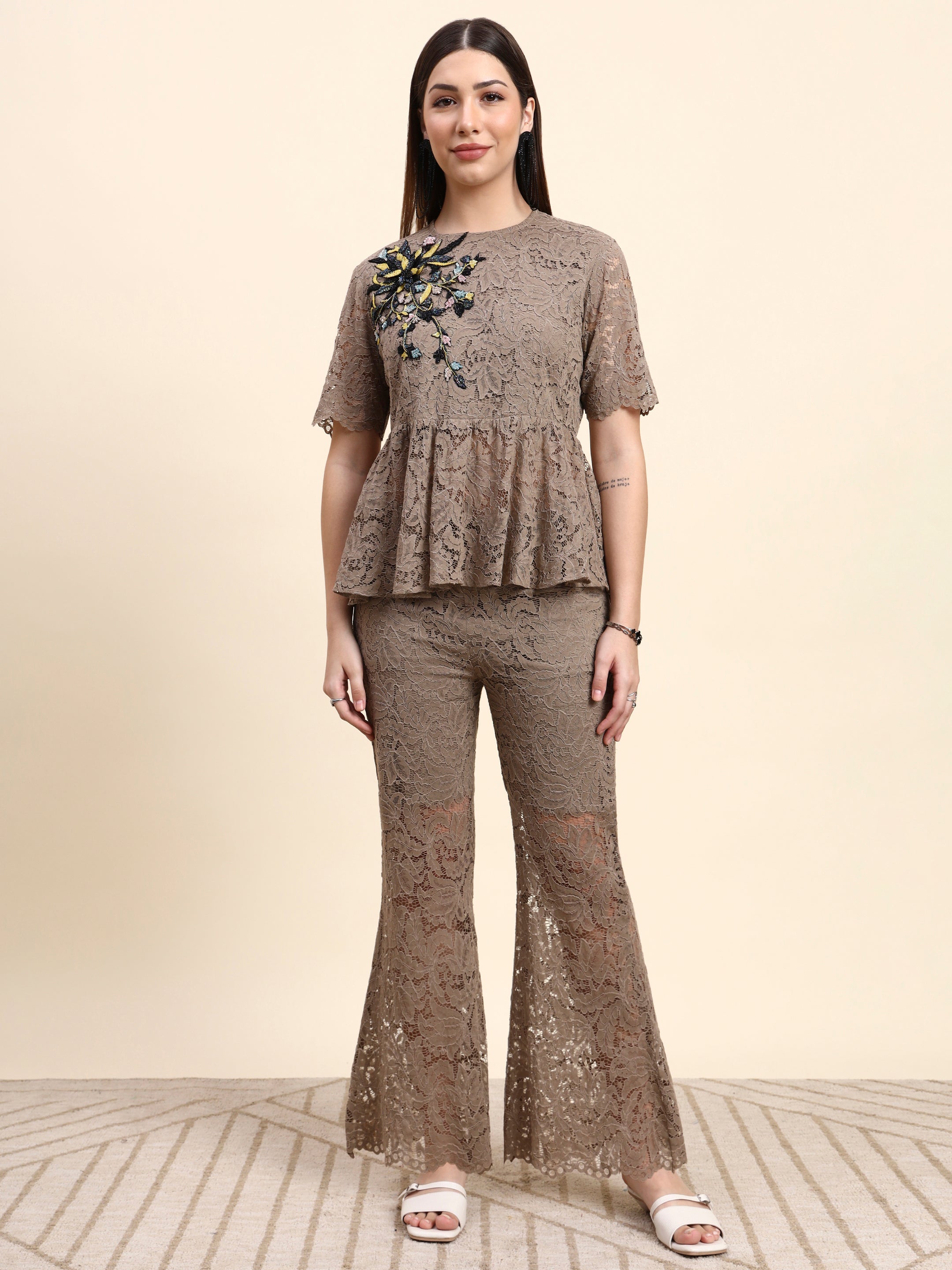 Lace Peplum Co-ord Set (Taupe Beige)