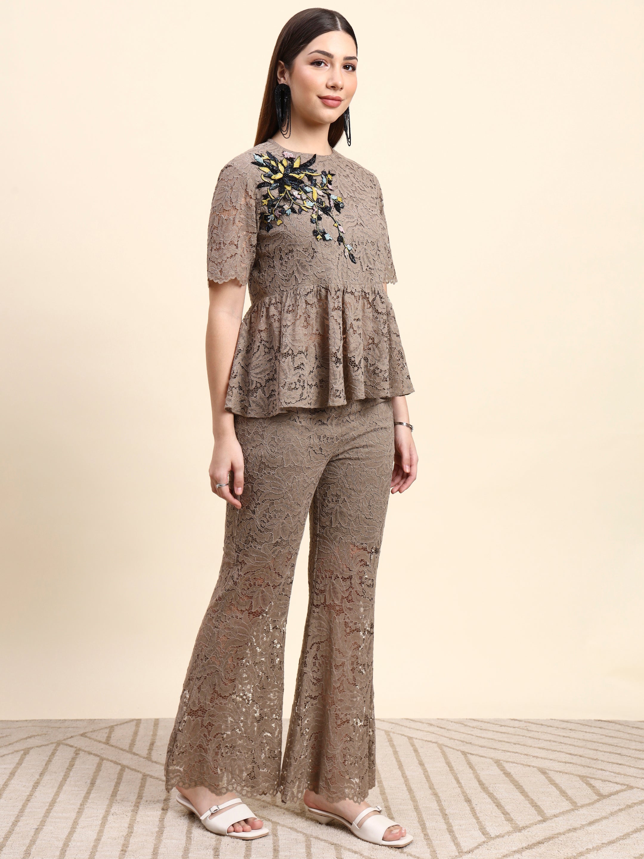 Lace Peplum Co-ord Set (Taupe Beige)