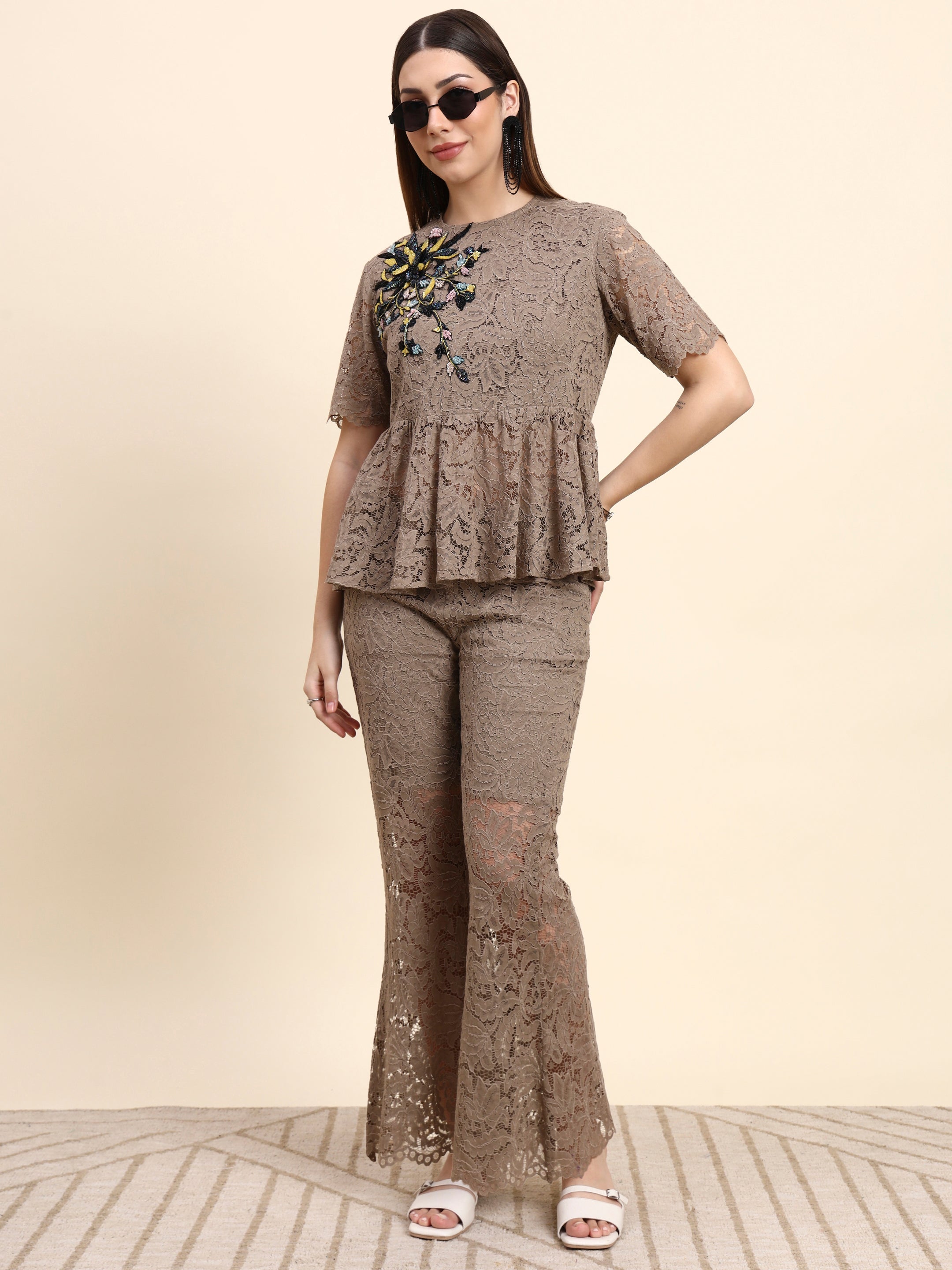 Lace Peplum Co-ord Set (Taupe Beige)