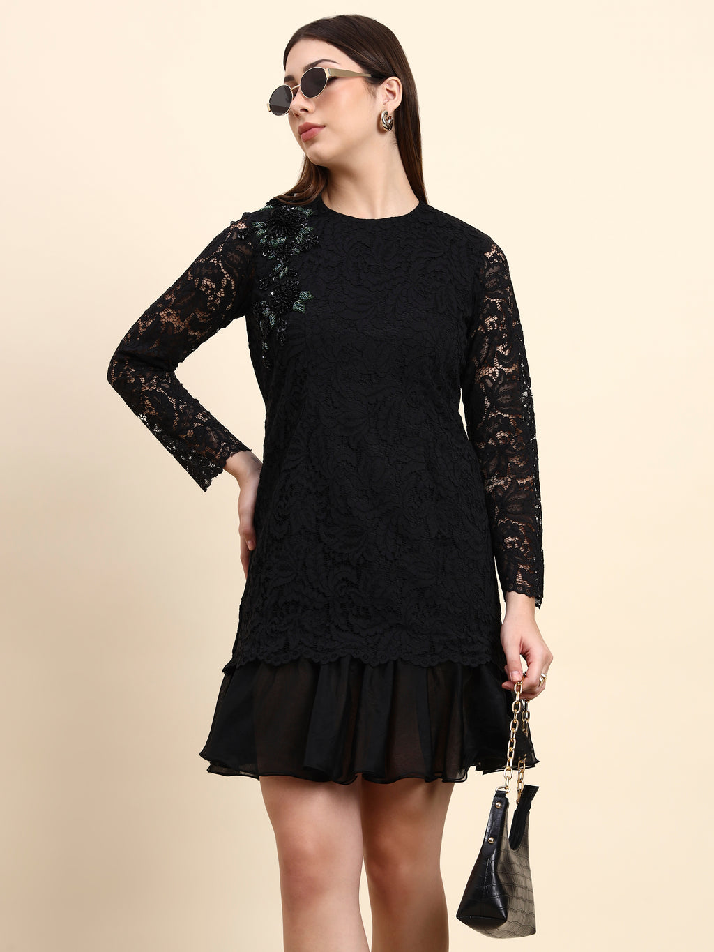 Noir Bloom Lace Dress (Black)