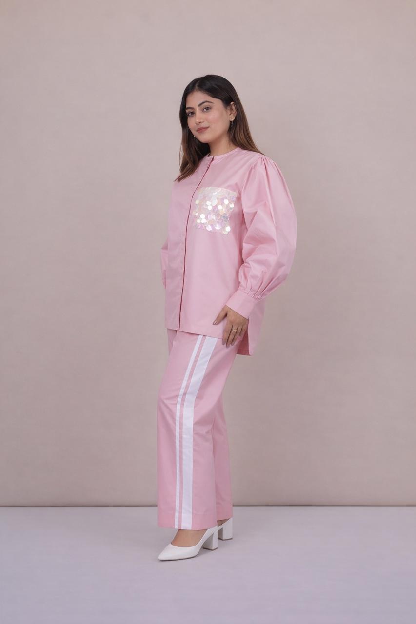 Ariya Threads Women’s Blush Pink Co-Ord Set with Puff Sleeves & Sequin Pocket