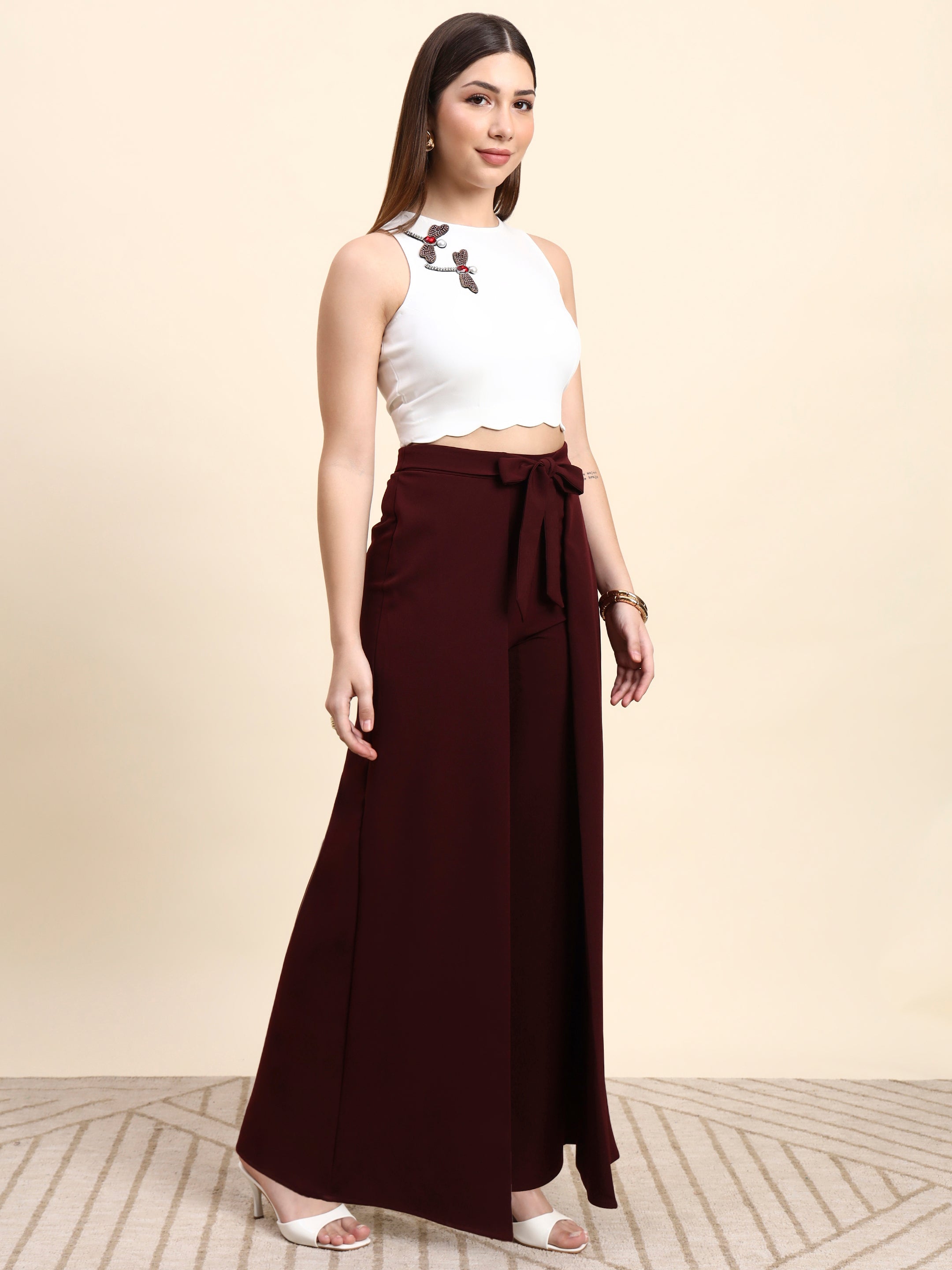 Eclipse Wine Wide-Leg Co-ord Set (White & Wine)