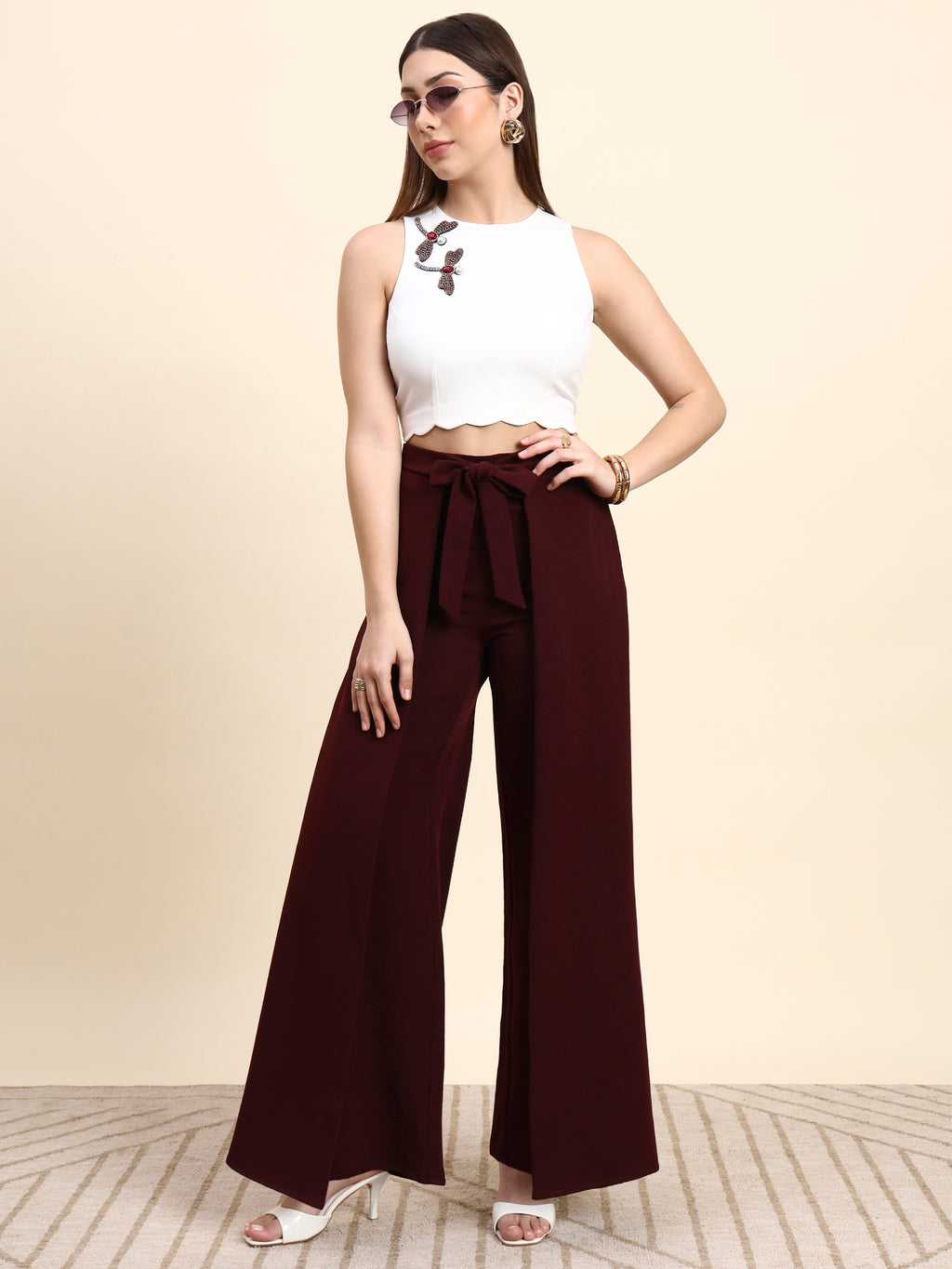 Eclipse Wine Wide-Leg Co-ord Set (White & Wine)