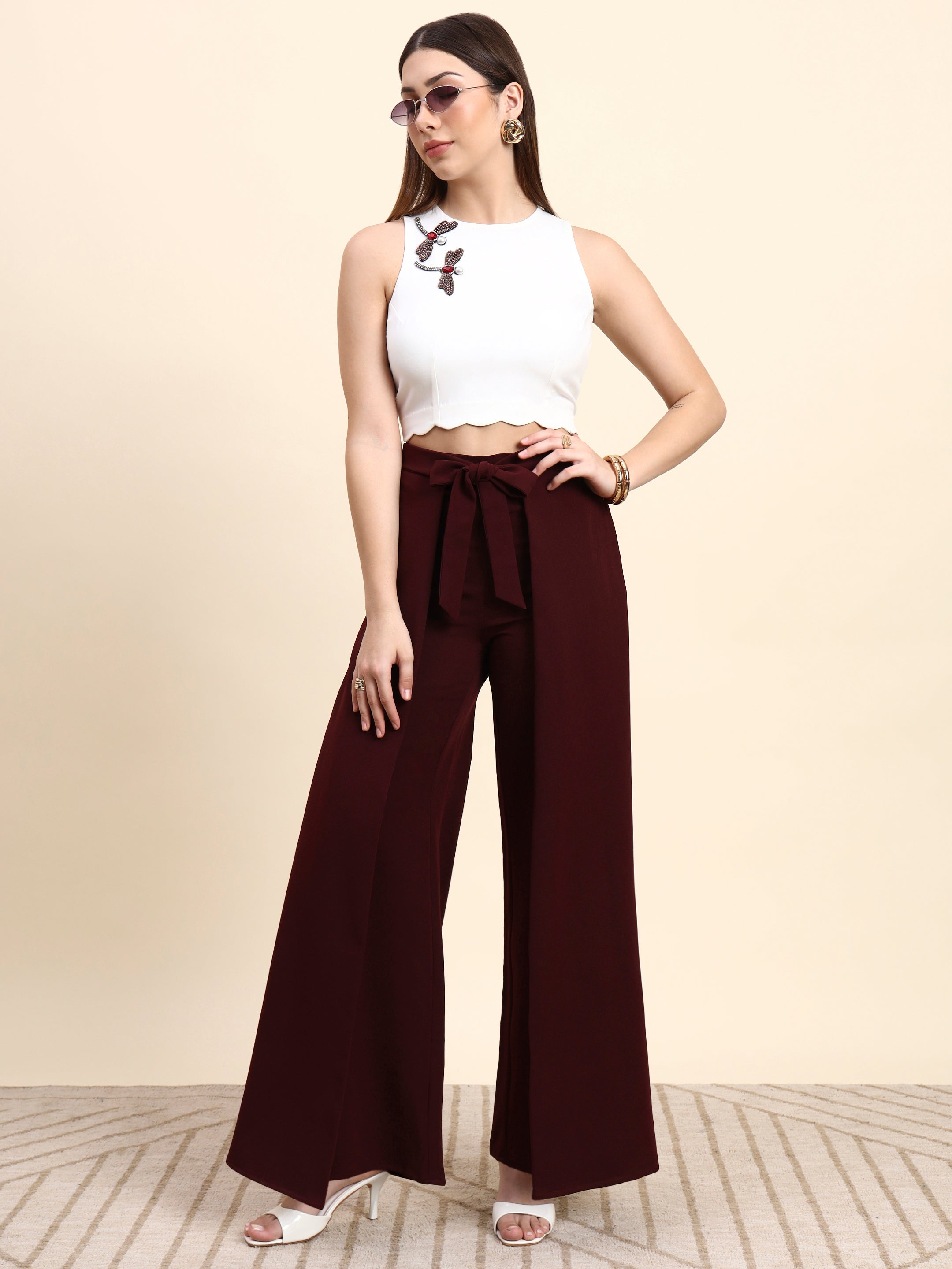 Eclipse Wine Wide-Leg Co-ord Set (White & Wine)