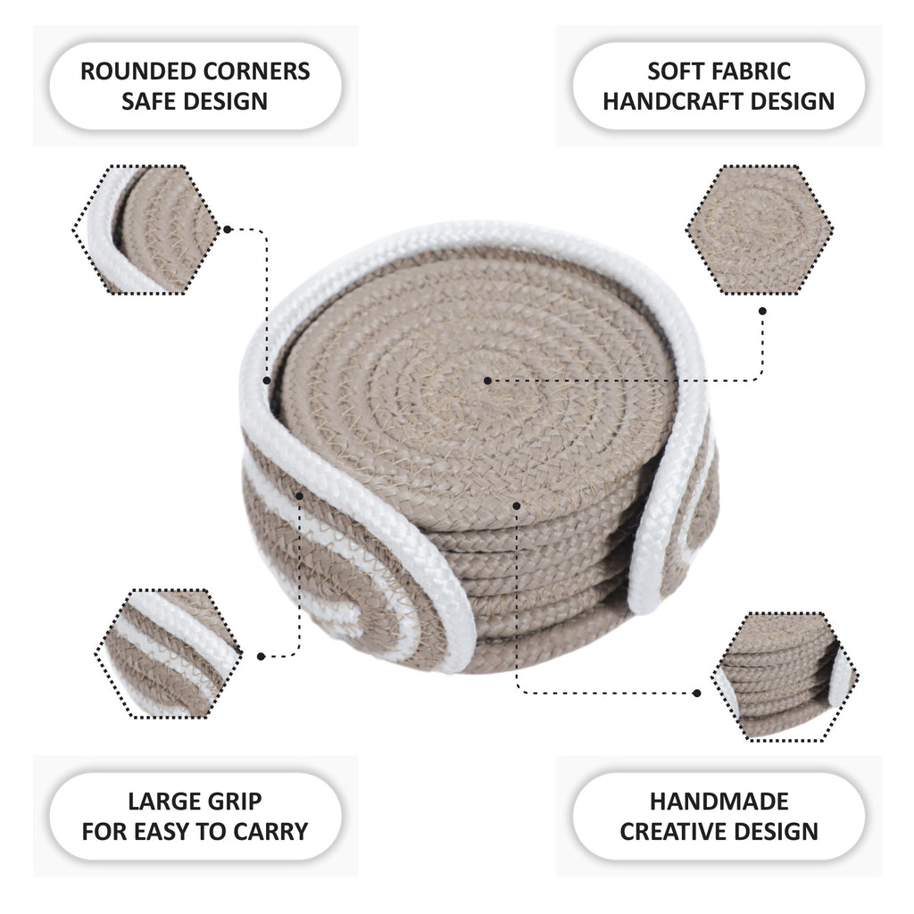 Cotton Coasters Set of 6 - Beige 3 White Line