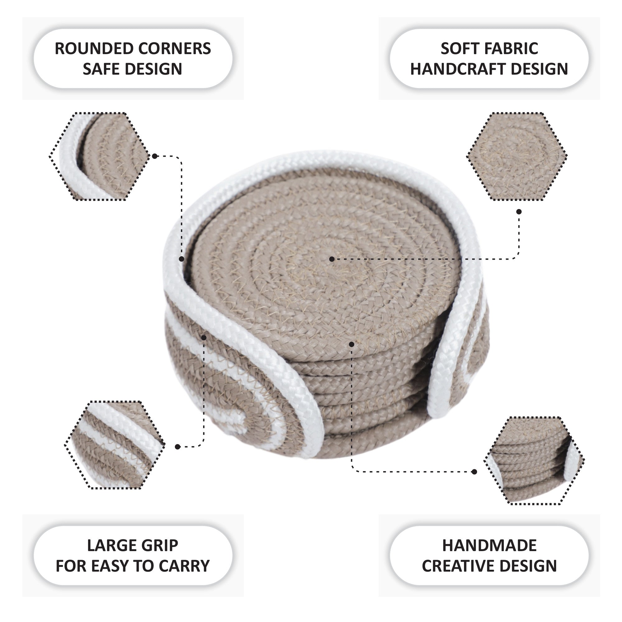 Cotton Coasters Set of 6 - Beige 3 White Line