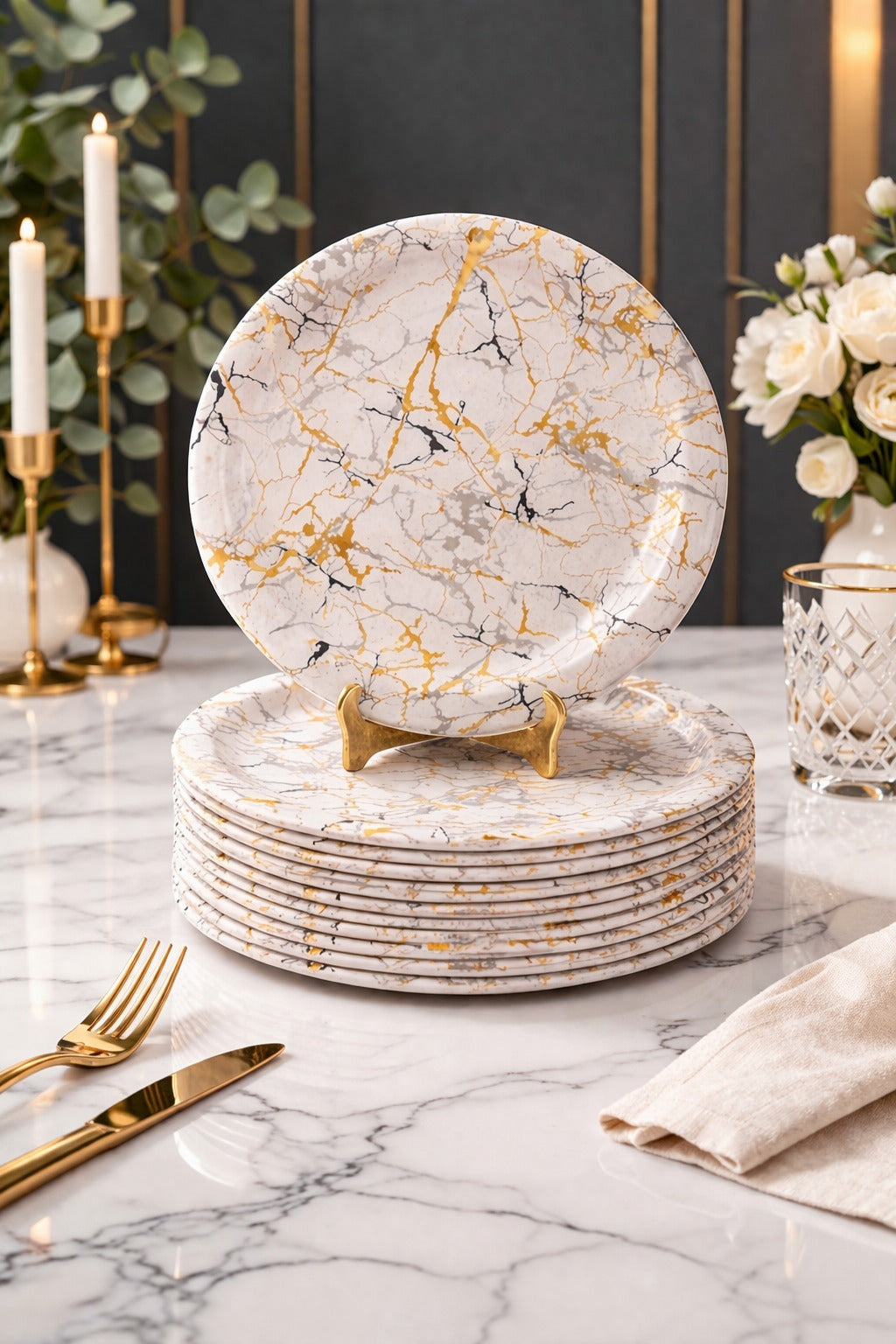 Ariya Melamine Dinner Plates 11 Inch Set of 12 | Luxury Gold
