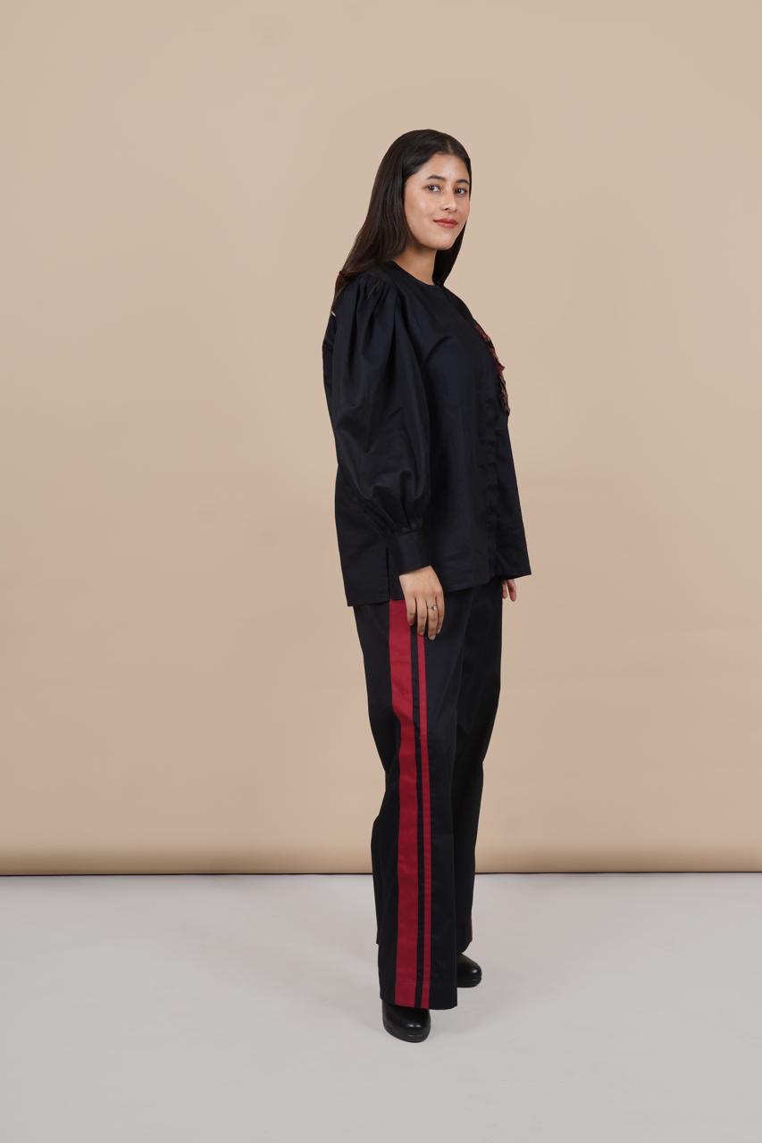 Ariya Threads Women’s Black Co-Ord Set with Red Sequin Pocket & Contrast Stripe Pants