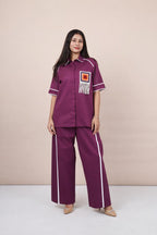 Ariya Threads Women’s Statement Co-Ord Set with Handcrafted Crochet Patch – Wine