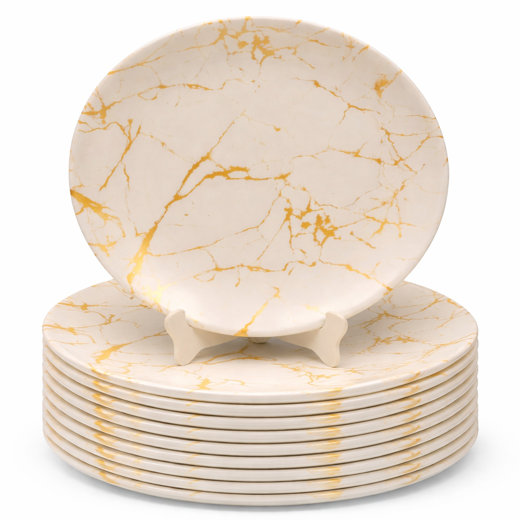 Ariya Melamine Dinner Plates 12 Inch Set of 12 | White & Gold