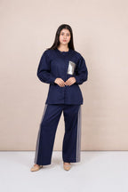 Ariya Threads Women’s Navy Blue Co-Ord Set with Sequin Pocket & Side Stripe Pants
