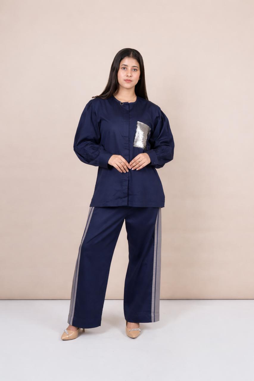 Ariya Threads Women’s Navy Blue Co-Ord Set with Sequin Pocket & Side Stripe Pants