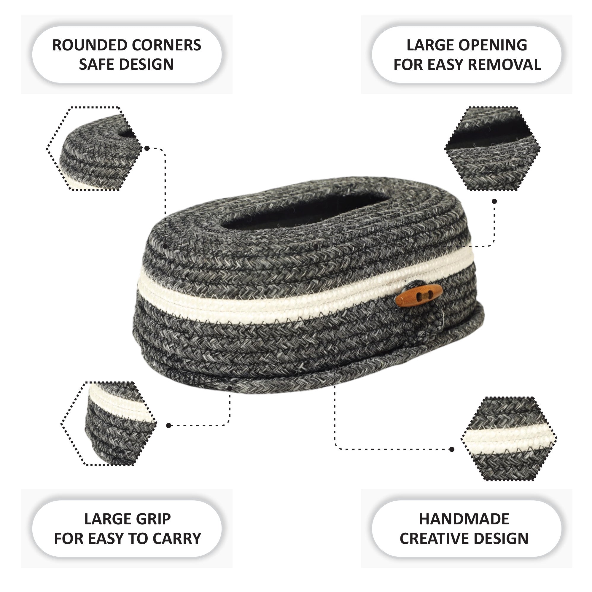 Ariya Grey Tissue Box With Wooden Button | Elegant Durable Holder