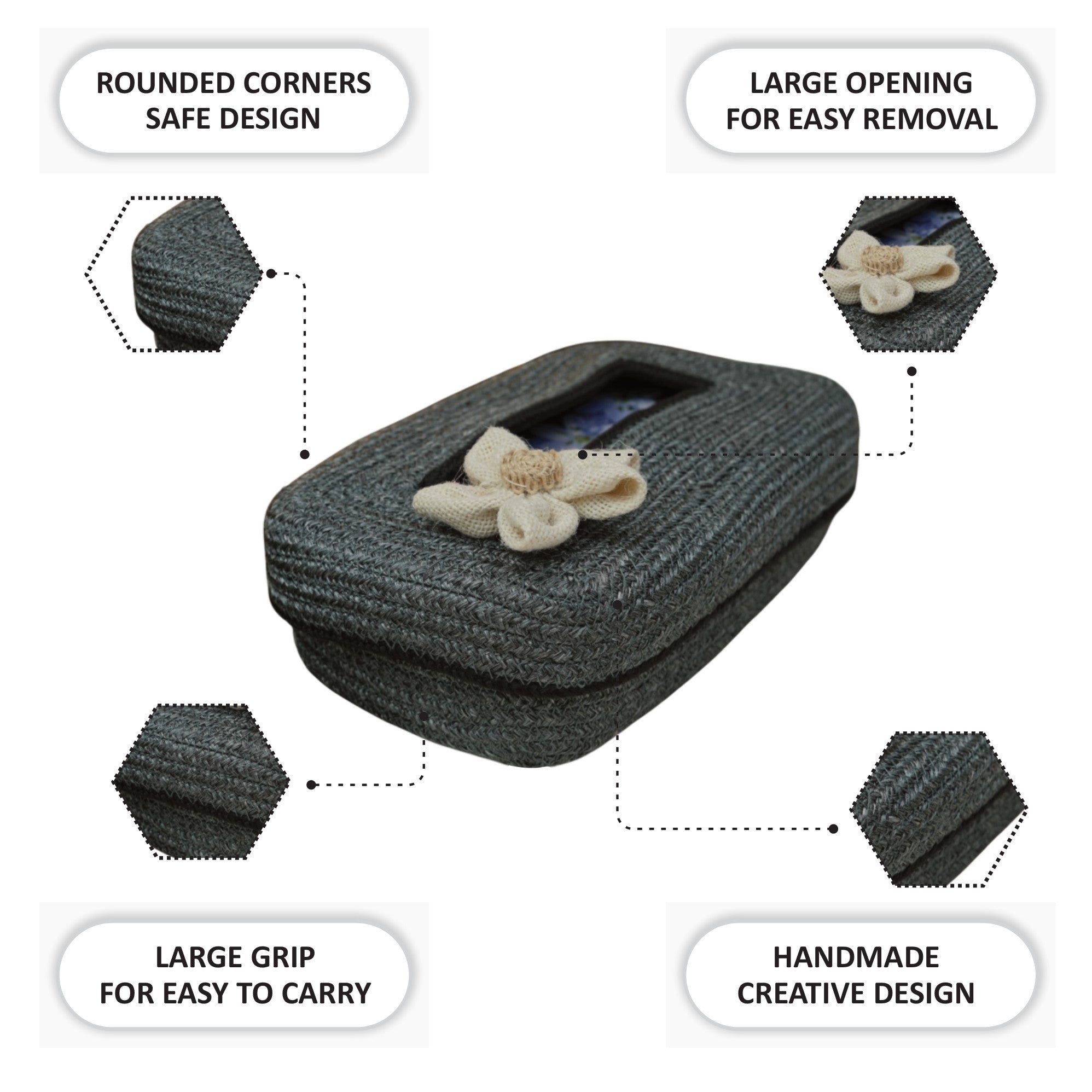 Ariya Grey Black Line Tissue Box With White Flower | Elegant Durable Holder