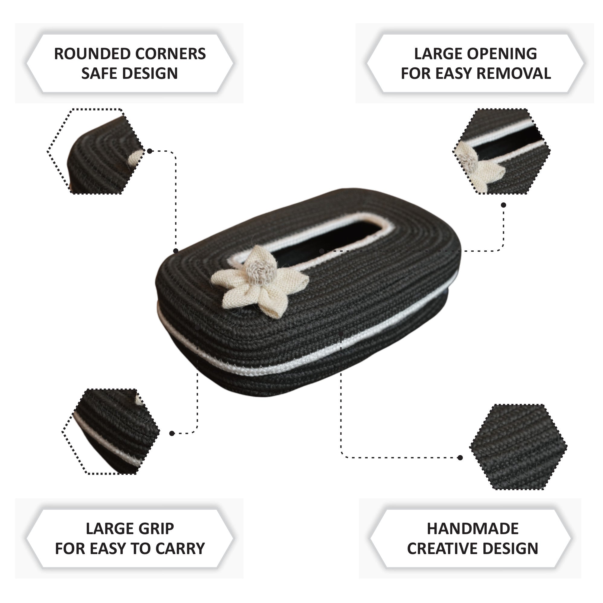 Ariya Dark Grey White Line Tissue Box With White Flower | Elegant Durable Holder