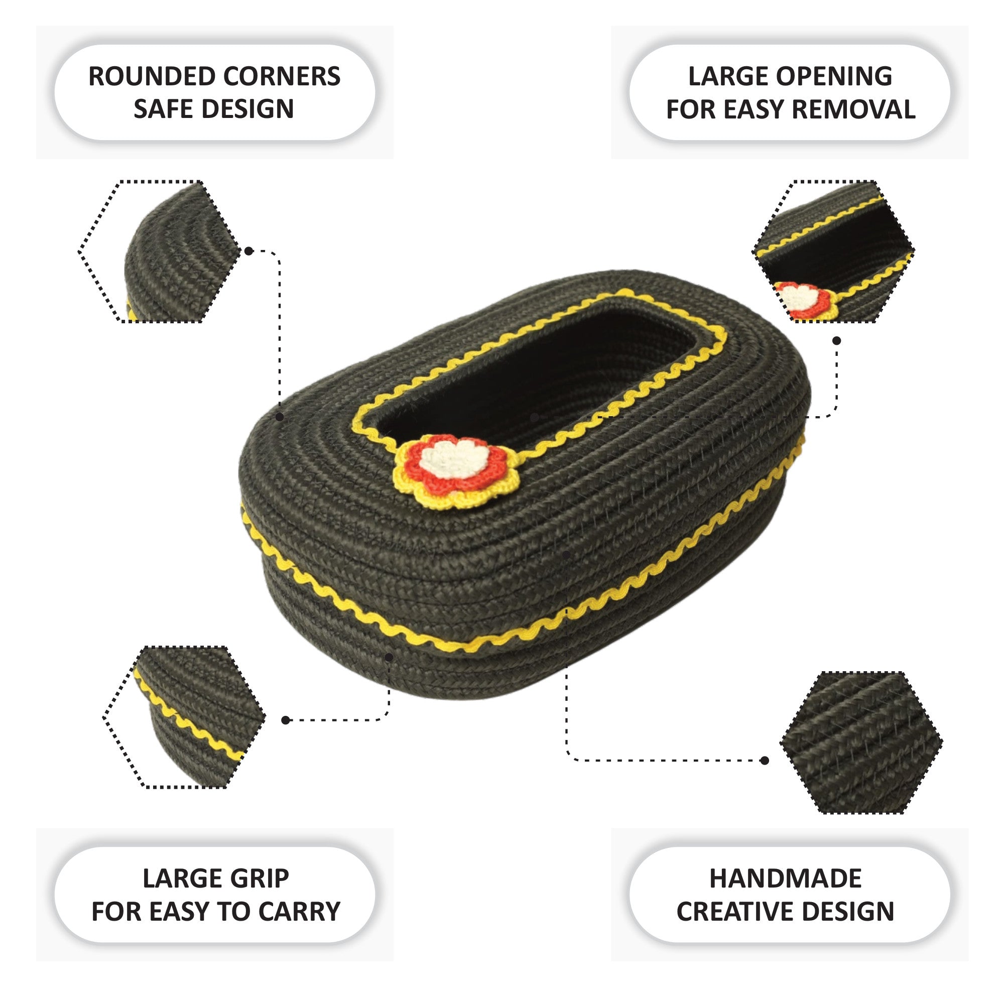 Ariya Dark Grey Yellow Lace Tissue Box With Yellow Flower | Elegant Durable Holder