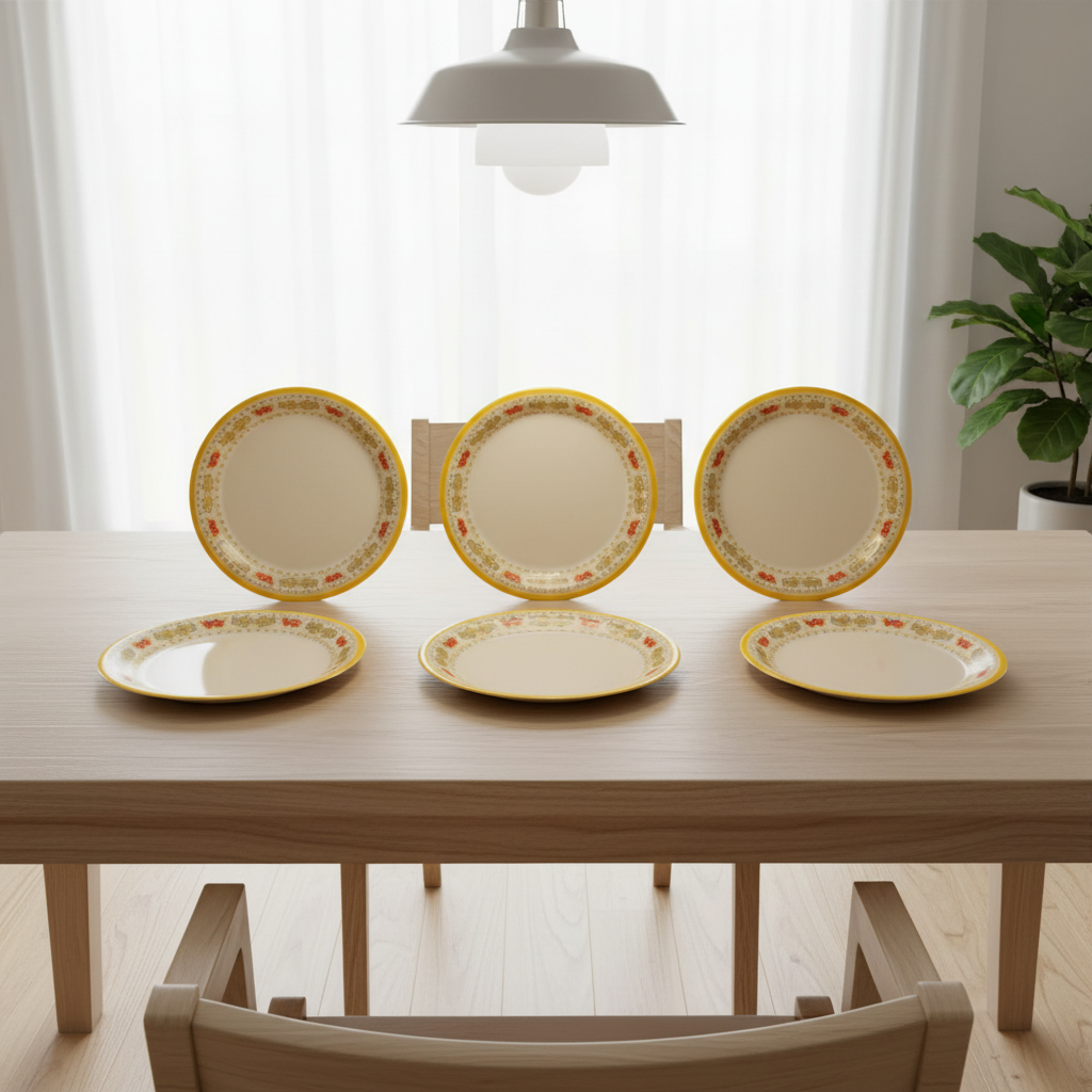 Ariya Melamine Dinner Plate Pack of 6 | 11 Inch Round Plates with Yellow Border & Red Floral Print"