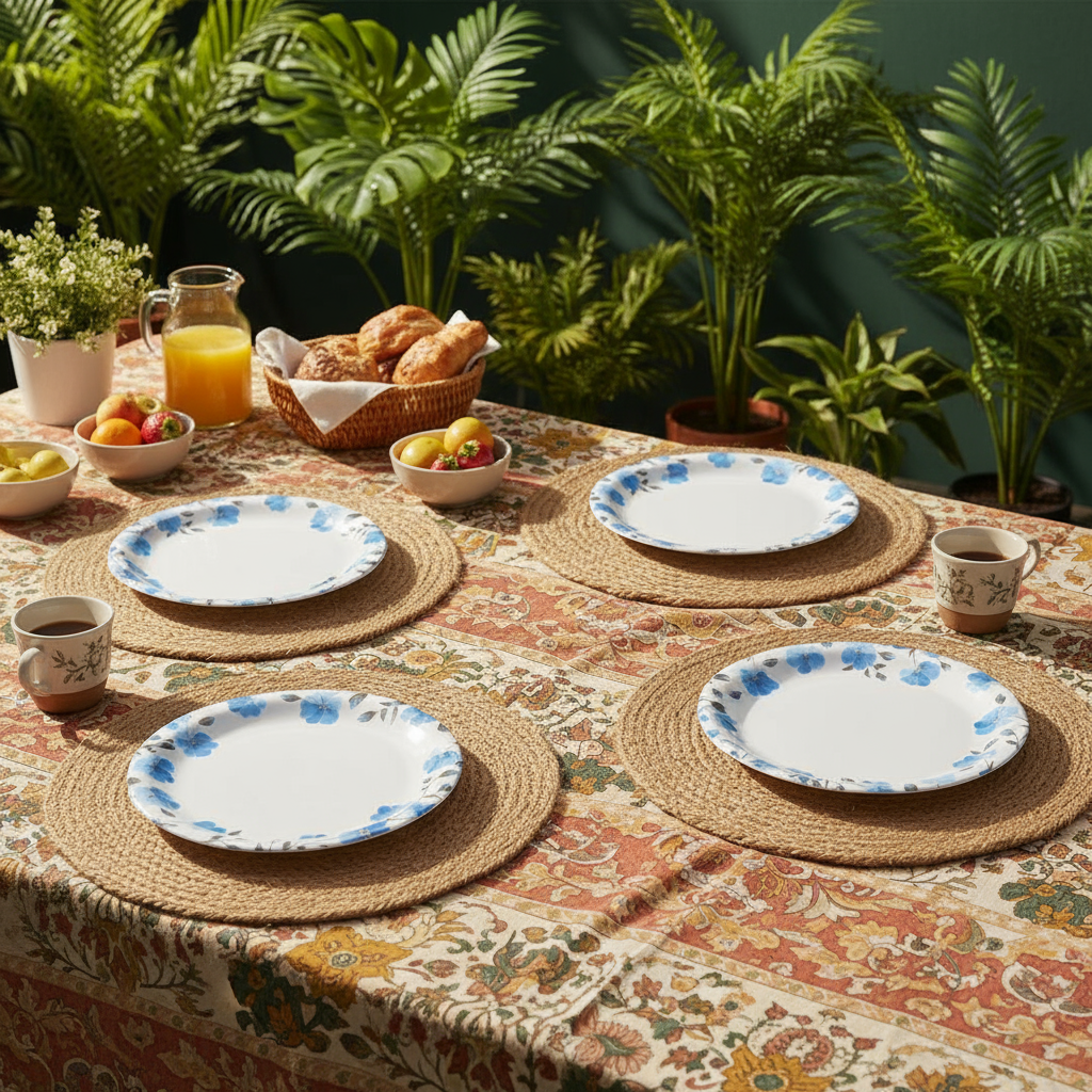 Ariya Melamine 11"Inch Dinner Plate | White Blue Flower Border | Pack of 4