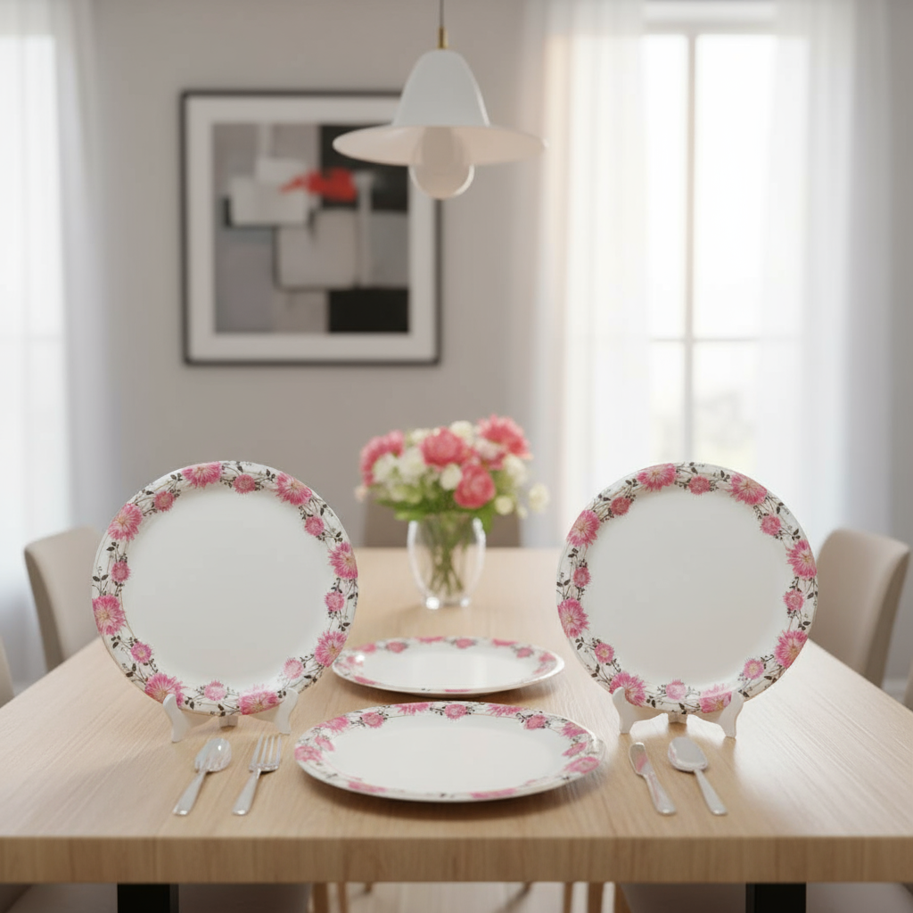 Ariya Melamine 11 Inch White Pink P17 Serving Plate 4 Pc