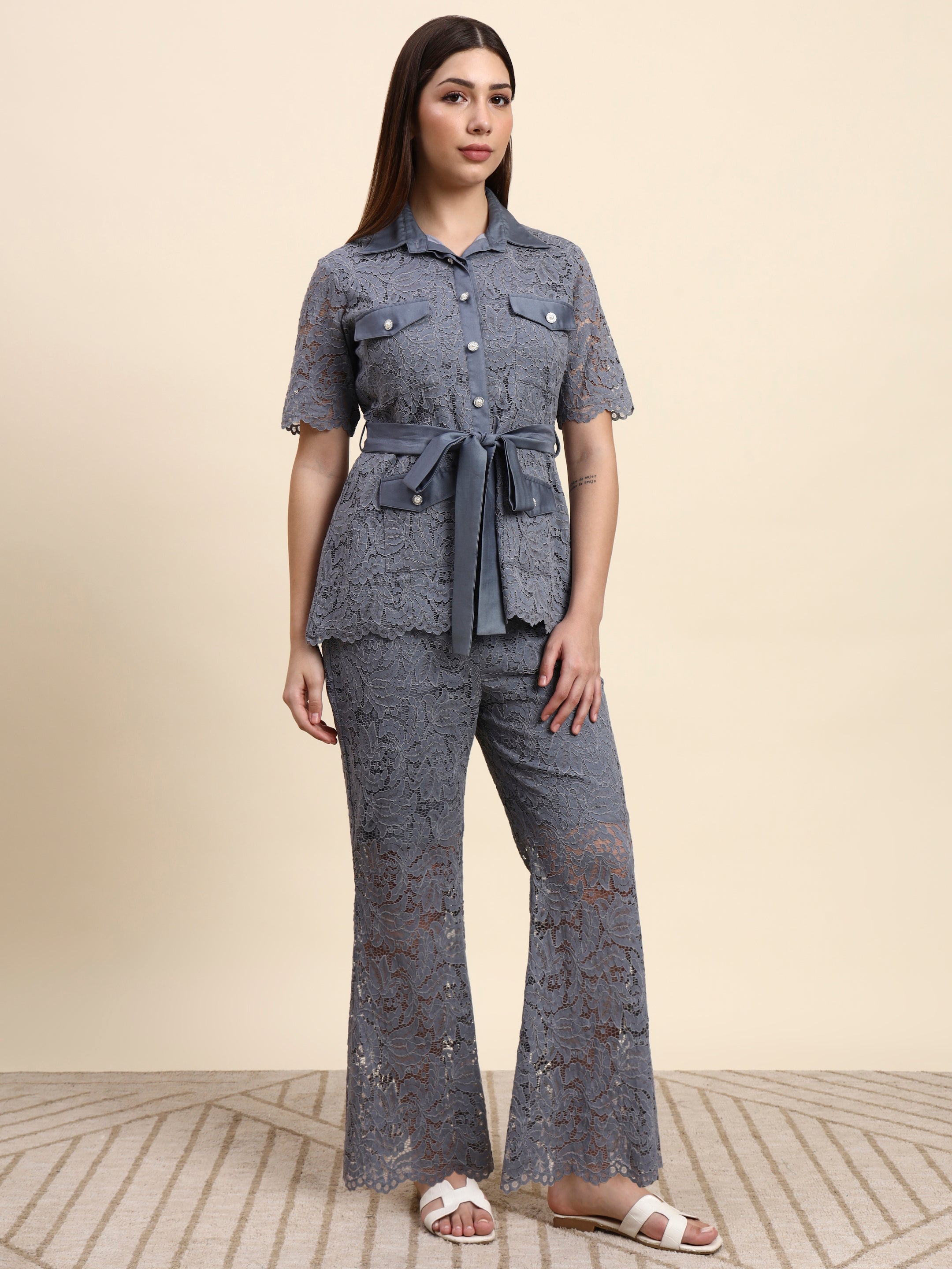 Lace Shirt Co-ord Set (Slate Grey)