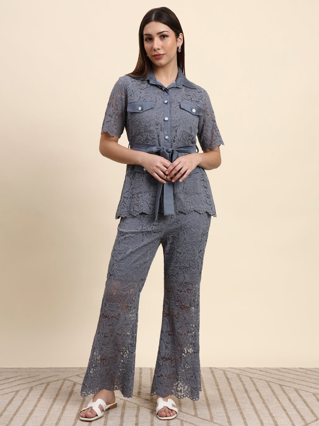 Lace Shirt Co-ord Set (Slate Grey)