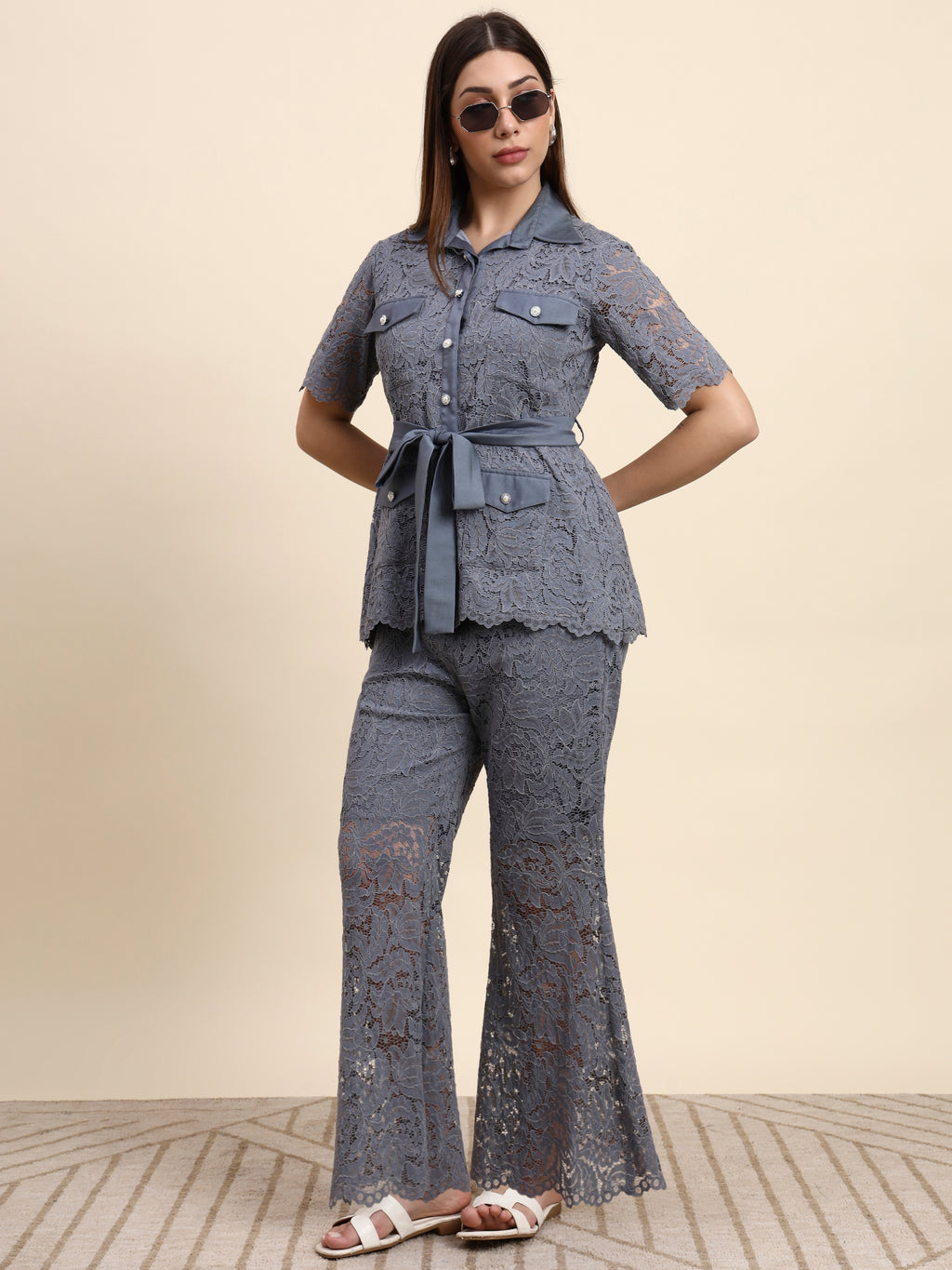 Lace Shirt Co-ord Set (Slate Grey)