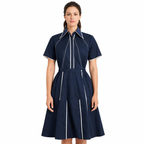 Ariya Threads Navy Blue A-Line Shirt Dress with Contrast Piping