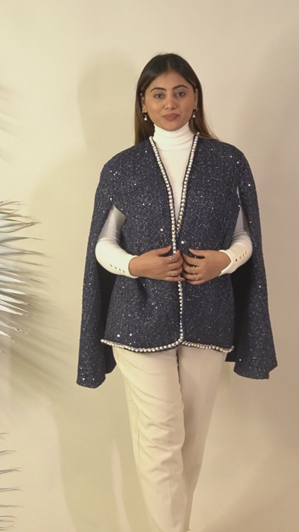 Ariya Threads Midnight Pearl Tweed Cape | Elegant Winter Layer