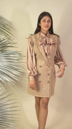 Ariya Threads Golden Beige Luxe Tweed Dress with Elegant Pearl Detailing