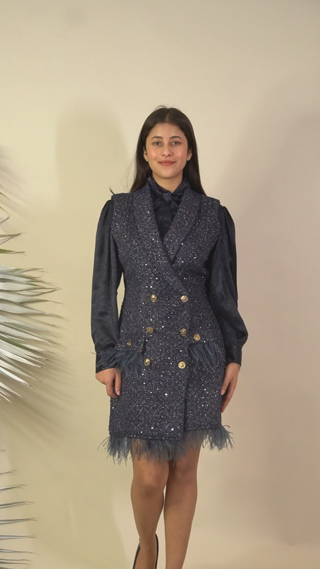 Ariya Threads Twilight Sparkle Feather Tweed Dress for Elegant Evenings