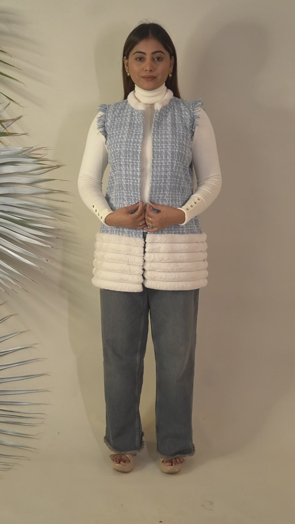 Ariya Threads Blue Frost Tweed Fur Jacket – Winter Warm Stylish