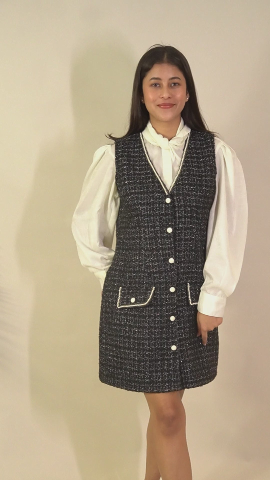 Ariya Threads Black Diamond Tweed Dress with Elegant Modern Detailing