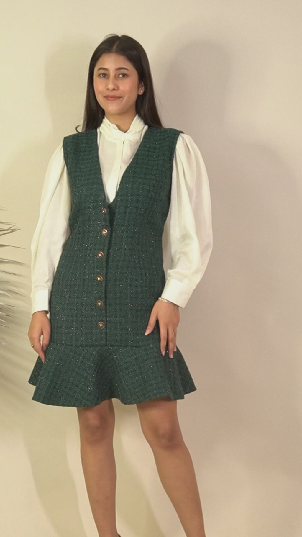 Ariya Threads Emerald Flounce Tweed Dress for Elegant Modern Styling